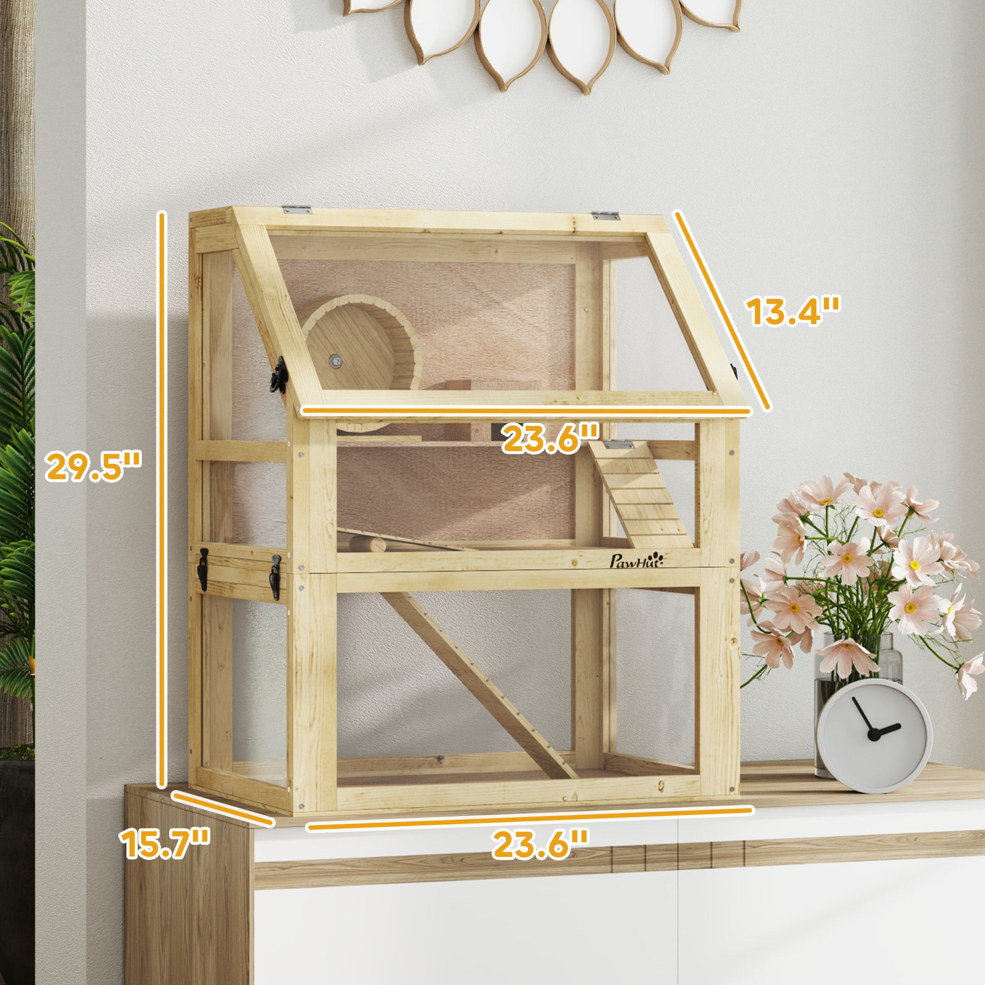3 Tier Wooden Hamster Cage w/ Detachable Bottom, Hut, Seesaw, Exercise Wheel, Ramps, 24" x 16" x 29.5" - Natural Wood - Image 3