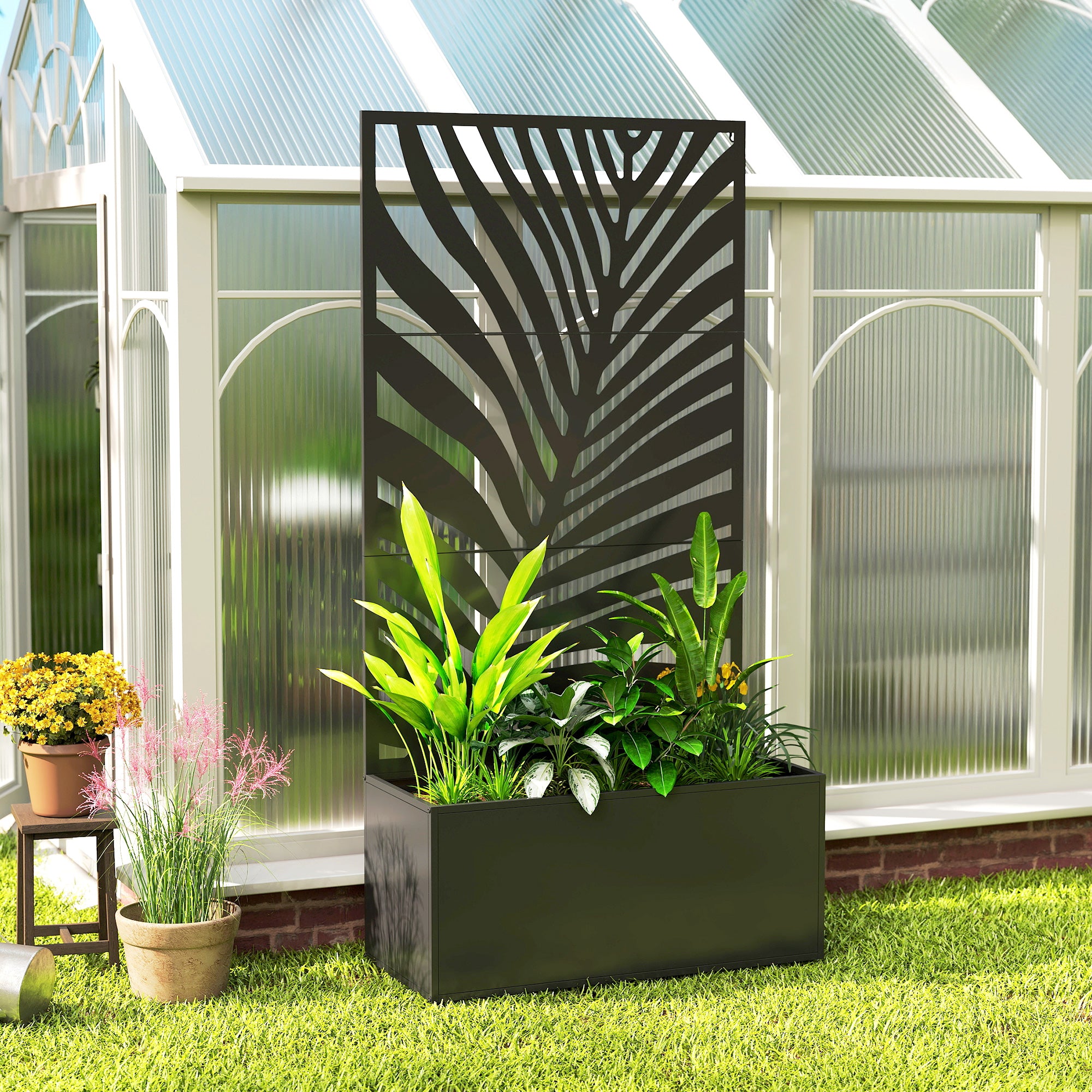 Metal Planter Box with Trellis, Raised Garden Bed with Trellis Large Leaf Cut-Out Privacy Screen for Climbing Plants - Black - Image 8