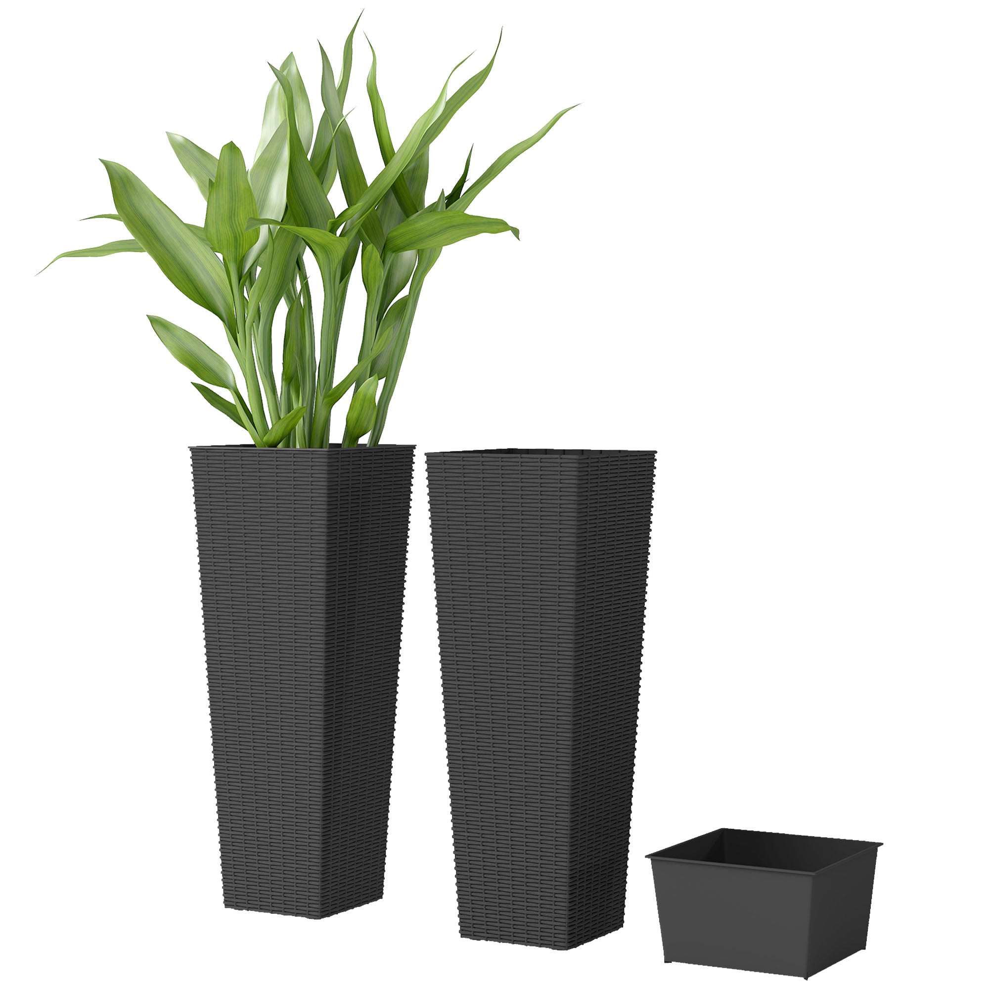 23.6 Inch Tall Planters for Outdoor Plants, Set of 2 Plastic Flower Pots with Drainage Holes, Black - Black