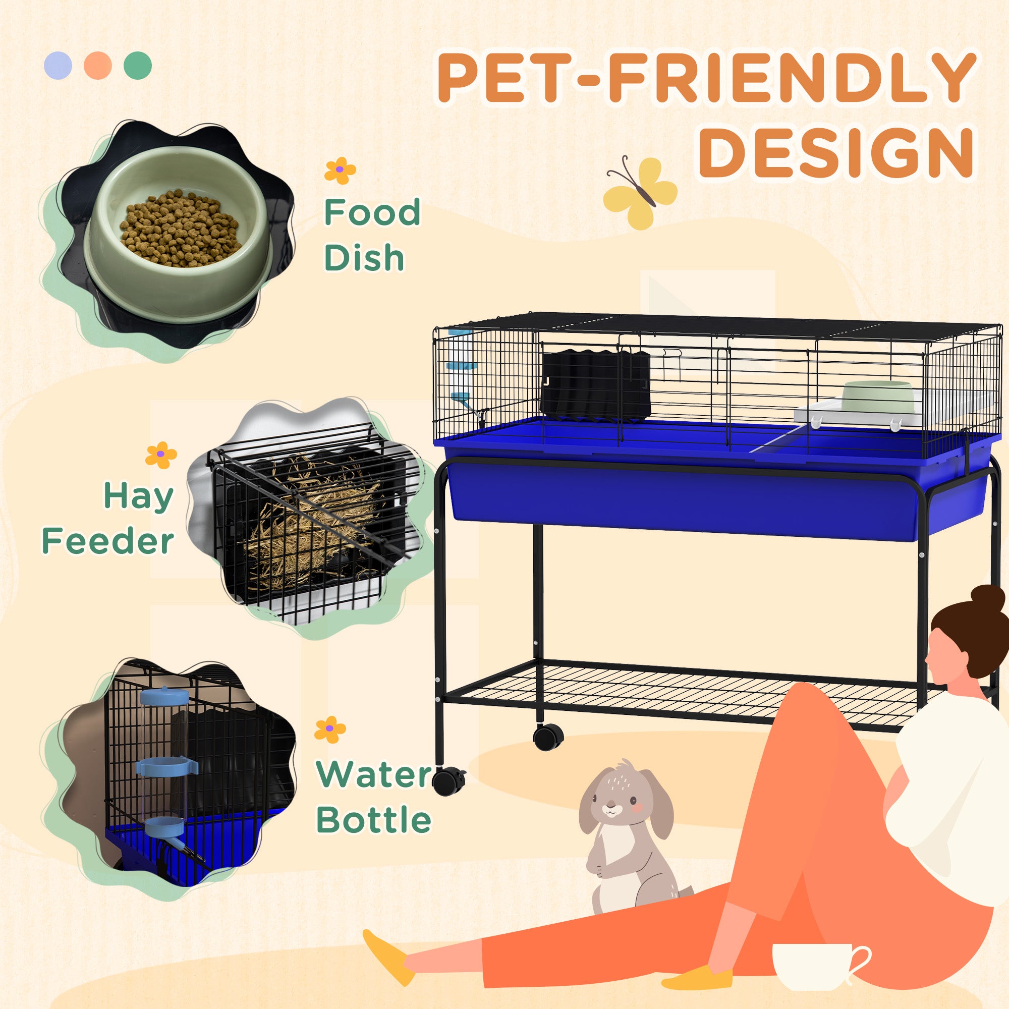 Two-Story Small Animal Cage Removable from Stand, Pet Habitat with Shelf & Wheels, 39" x 20.5" x 36.5", Blue - Blue - Image 7