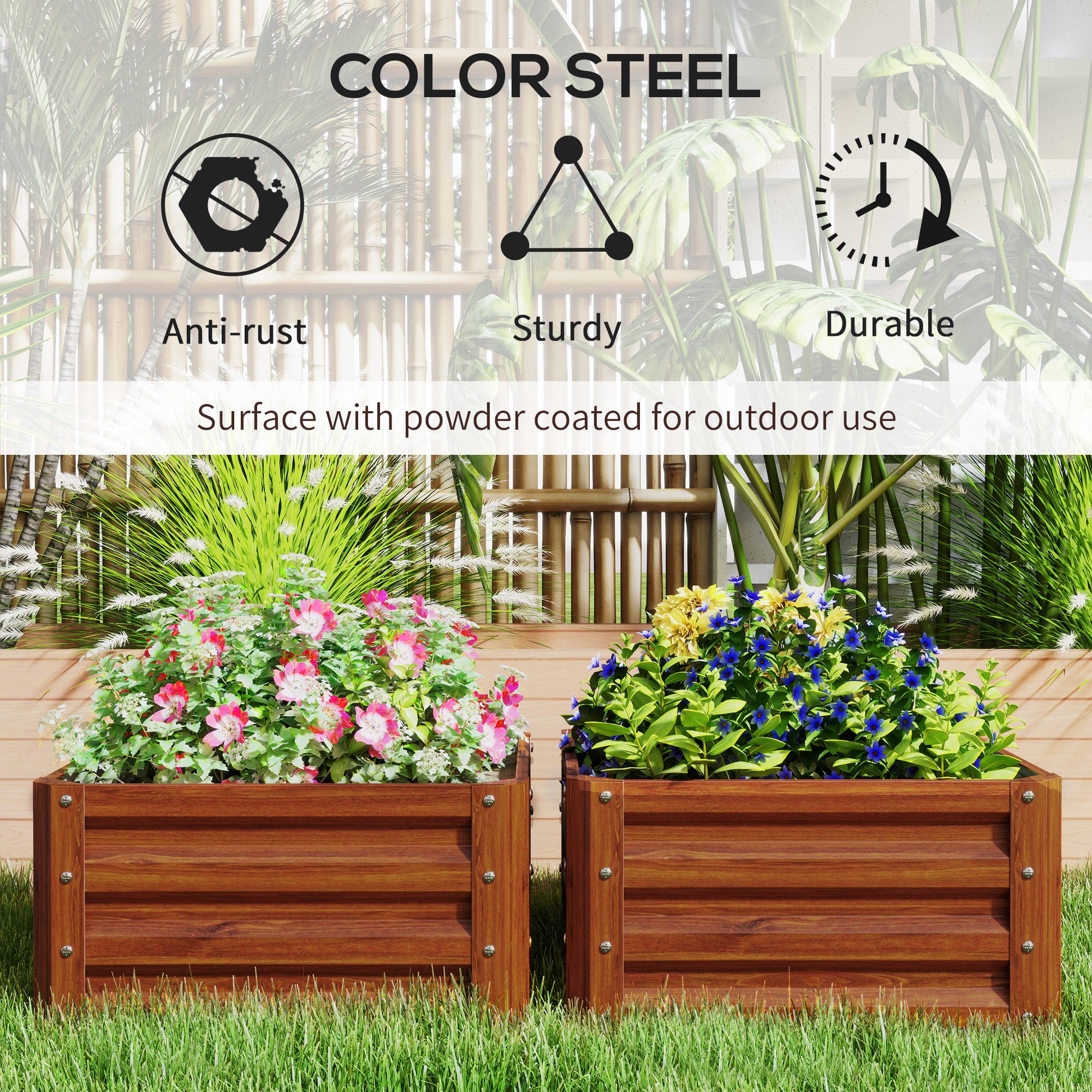 2 Piece Galvanized Raised Garden Bed, 2' x 2' x 1' Metal Planter Box for Growing Vegetables, Flowers, Herbs, Succulents, Brown - Brown - Image 6
