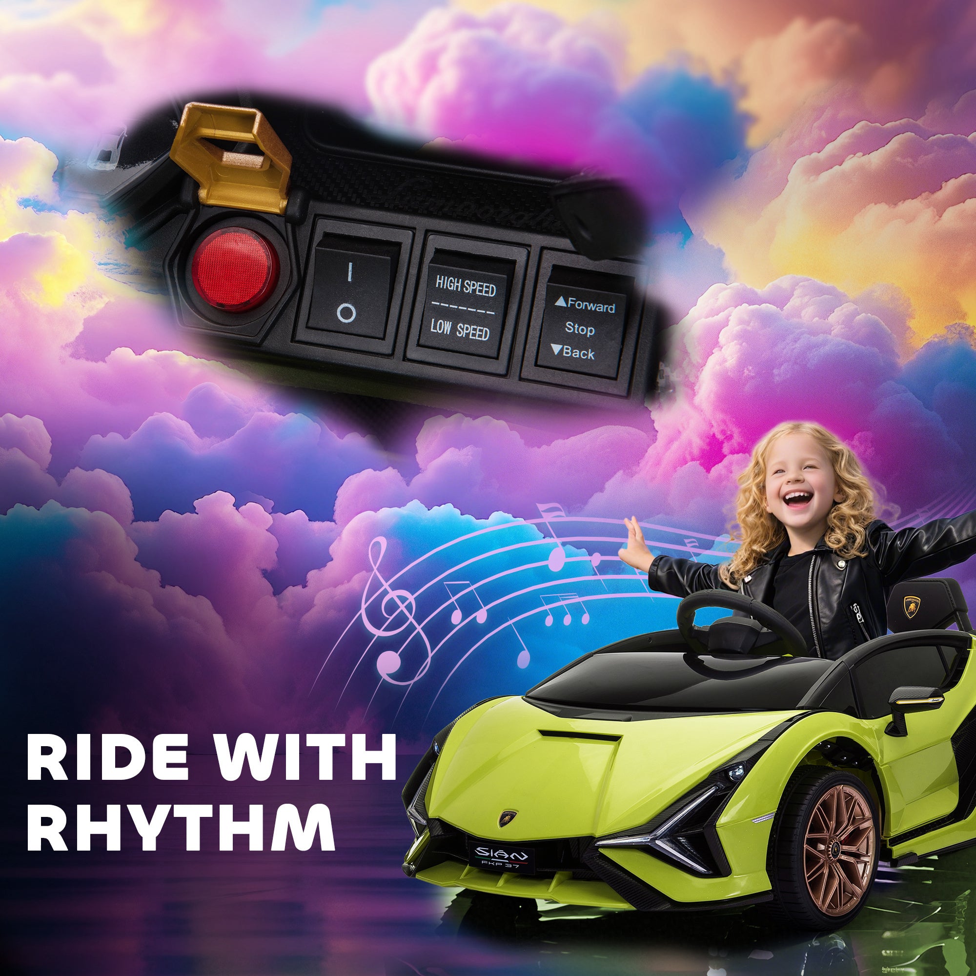 12V Lamborghini SIAN Licensed Electric Car for kids with Remote Control, Horn, Music, & Headlights, Green