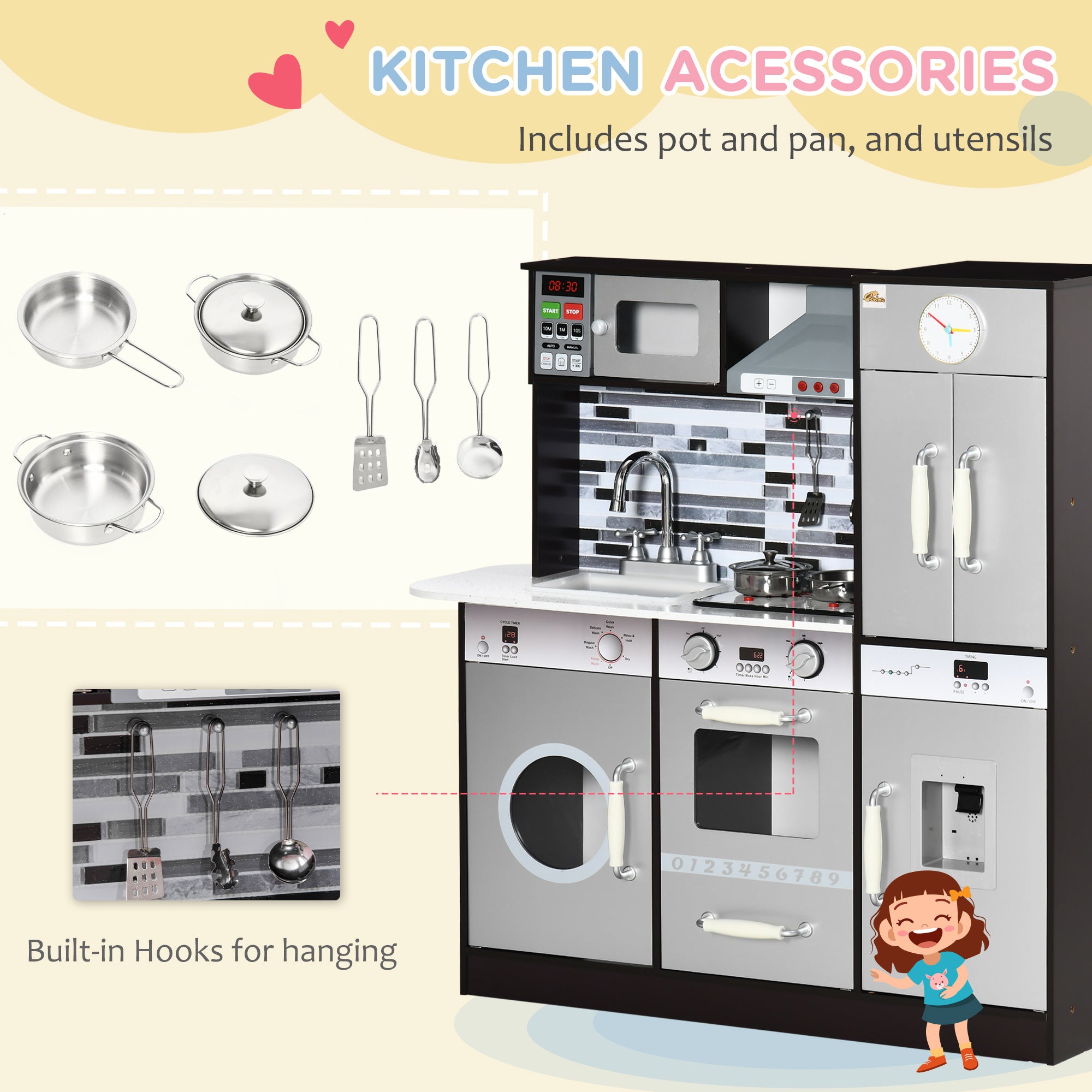 Wooden Play Kitchen with Lights Sounds, Kids Kitchen Playset with Washing Machine, Water Dispenser, Microwave, Range Hood, Refrigerator, Utensils, Gift for 3-6 Years Old