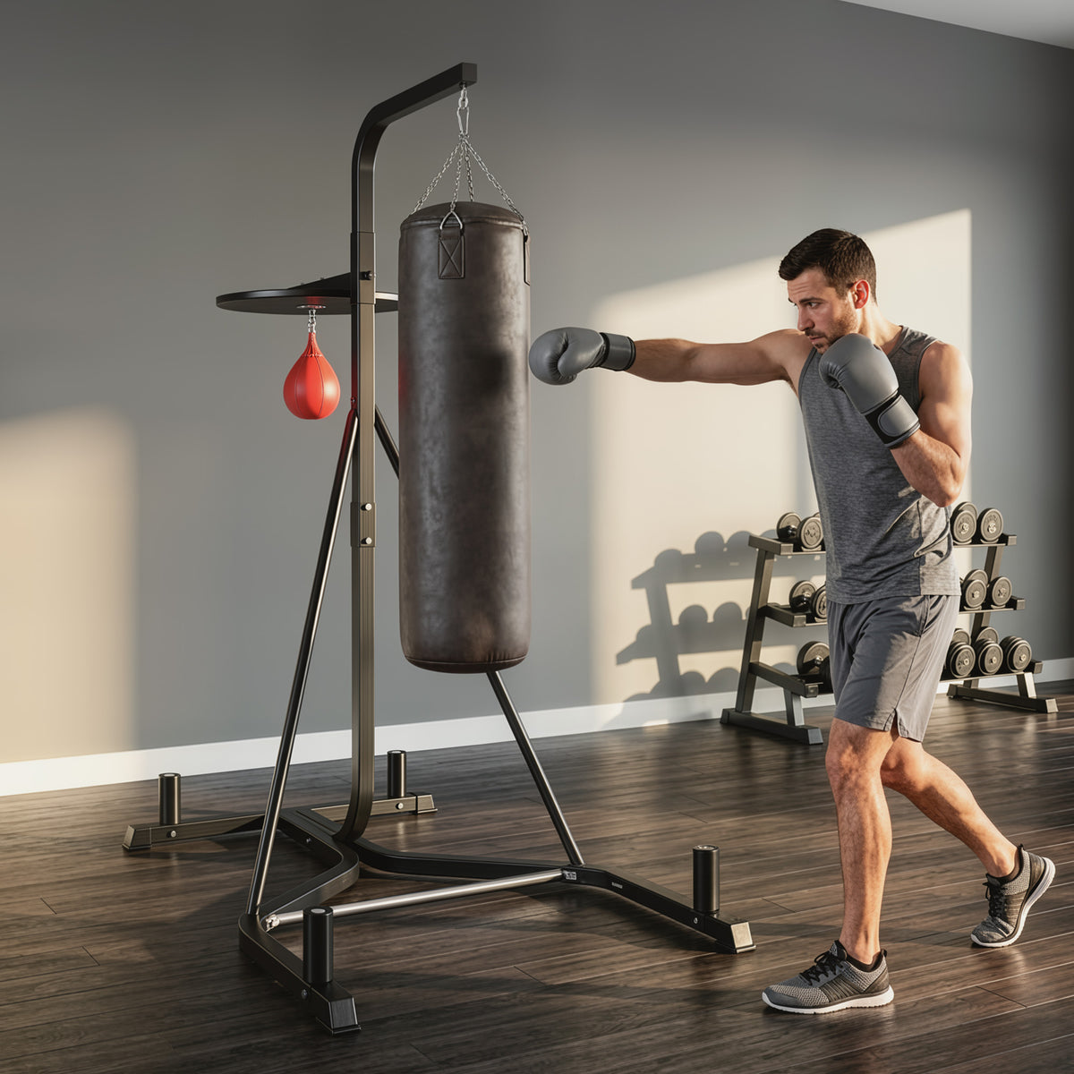 2-in-1 Punching Bag Stand, Adjustable Height Heavy Bag Stand with Weighted Base and Speed Bag for Home, Black