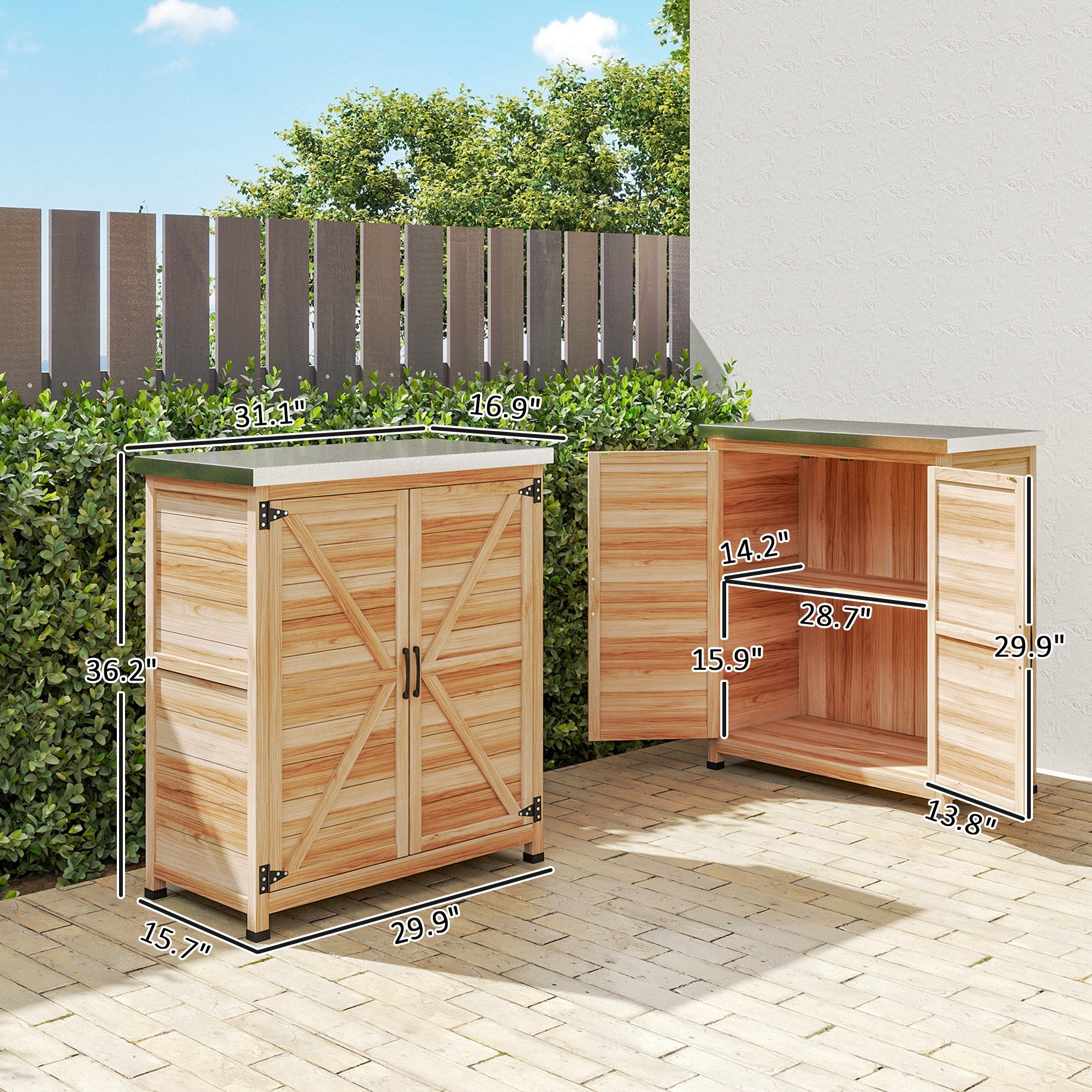 Wooden Storage Cabinet, Outdoor Prep Table w/ Metal Tabletop, Shelves and Double Doors for Patio, Garden, Natural Wood - Natural Wood - Image 3