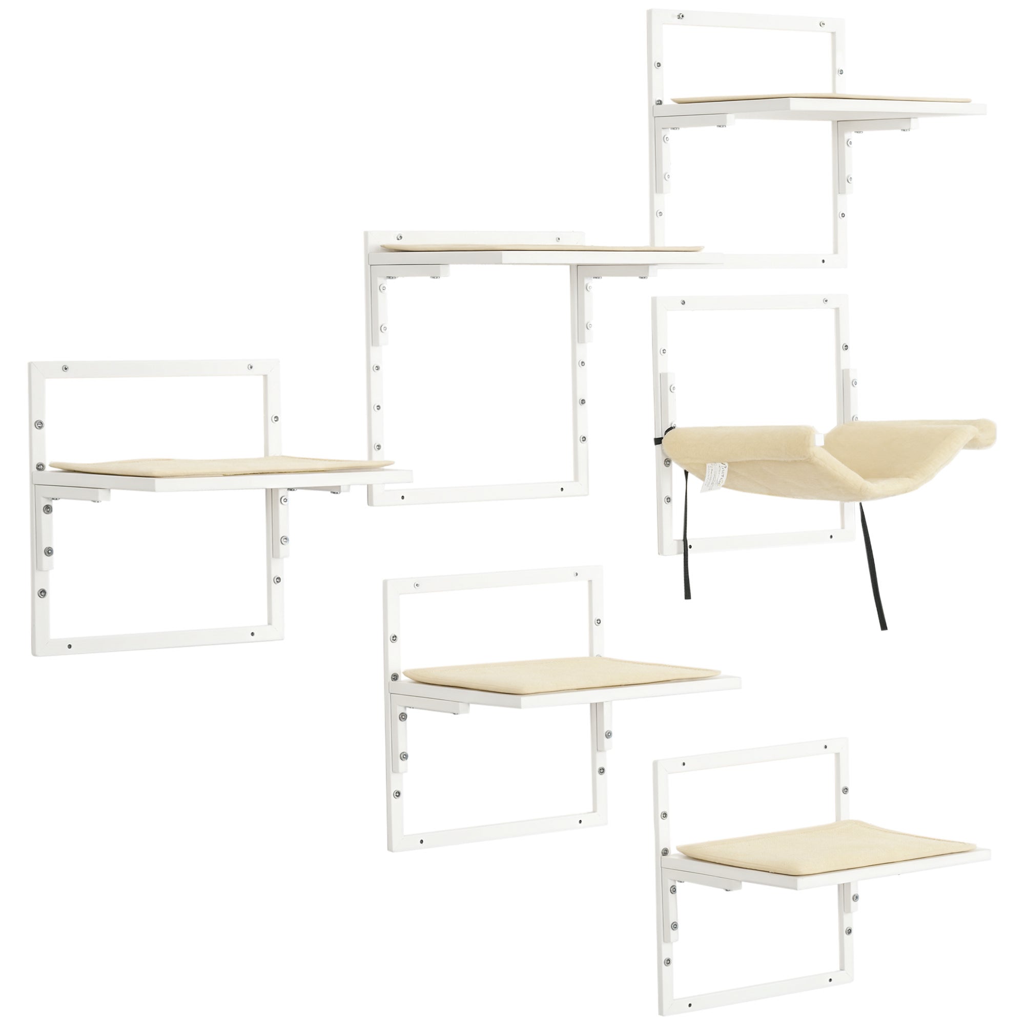 Cat Shelves for Indoor Cats, 6Pc Modern Cat Wall Furniture with Adjustable Height Jumping Platforms & Hammock, Cream White - Cream White