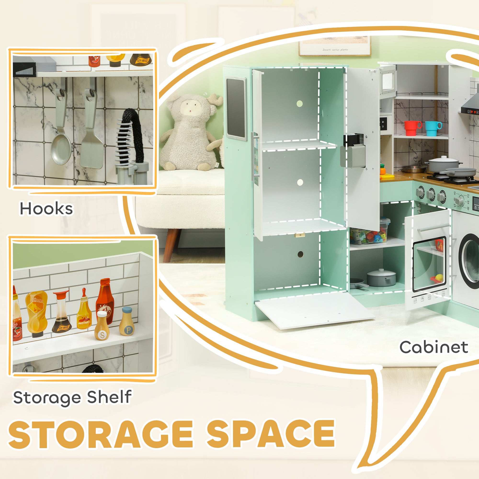 Play Kitchen, Corner Kids Kitchen Playset w/ Chalkboard, Range Hood, Ice Maker, Stove, Microwave, Sound & Lights