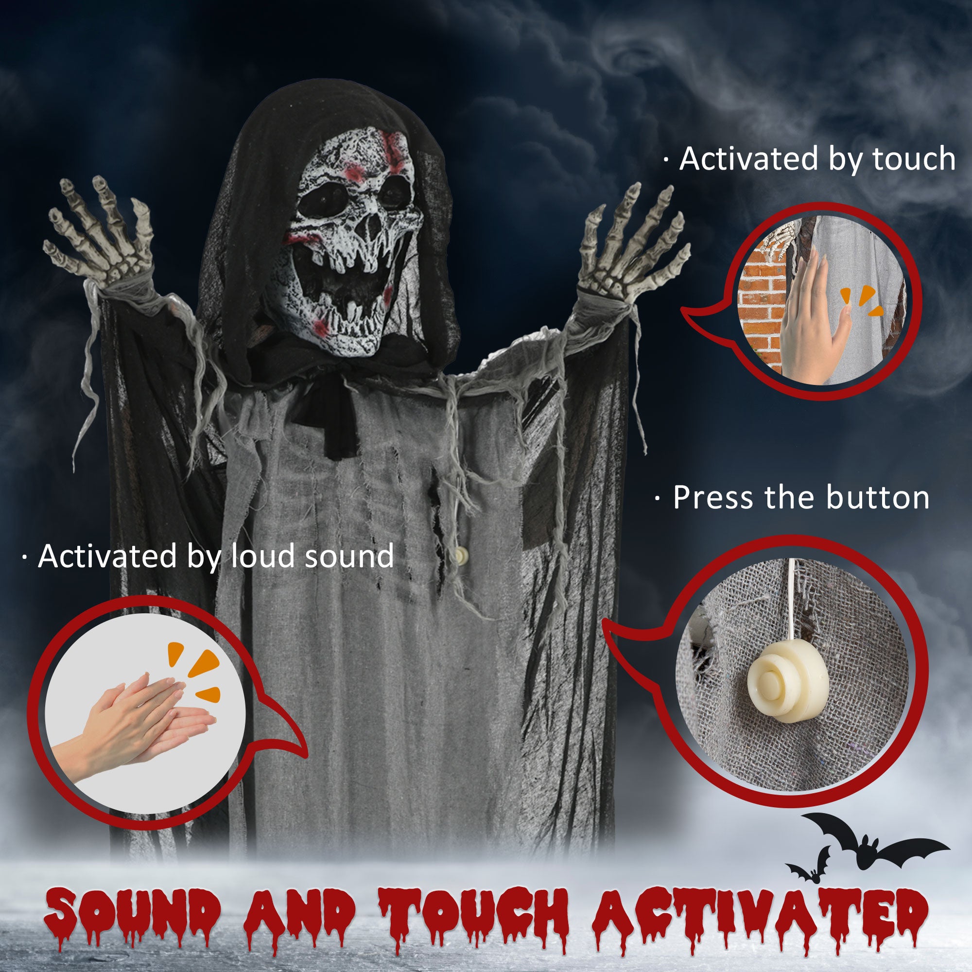 74" Life Size Outdoor Halloween Decorations Skeleton Witch, Animated Prop Animatronic Decor with Sound and Motion Activated, Light Up Eyes and Chest, Howling and Chain Sound