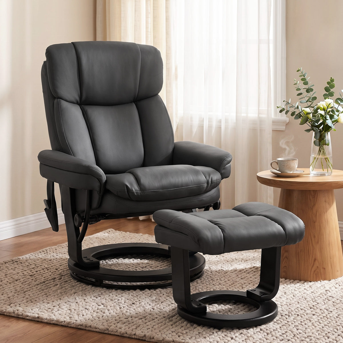 PU Leather Massage Recliner Chair with Ottoman, 10-Point Vibration, Swivel Armchair, Black