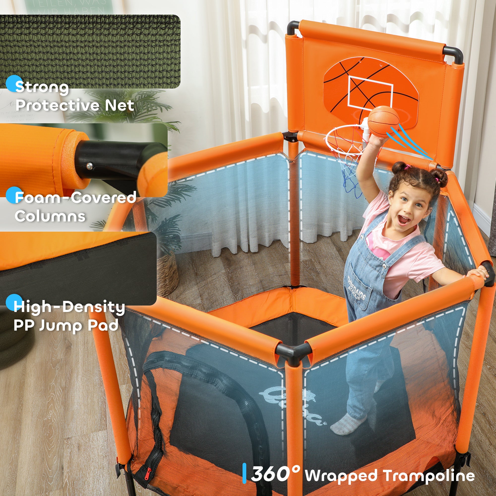 48" Kids Trampoline with Safety Enclosure Net, Basketball Hoop for Ages 3-6, Gifts for Boys & Girls, Orange