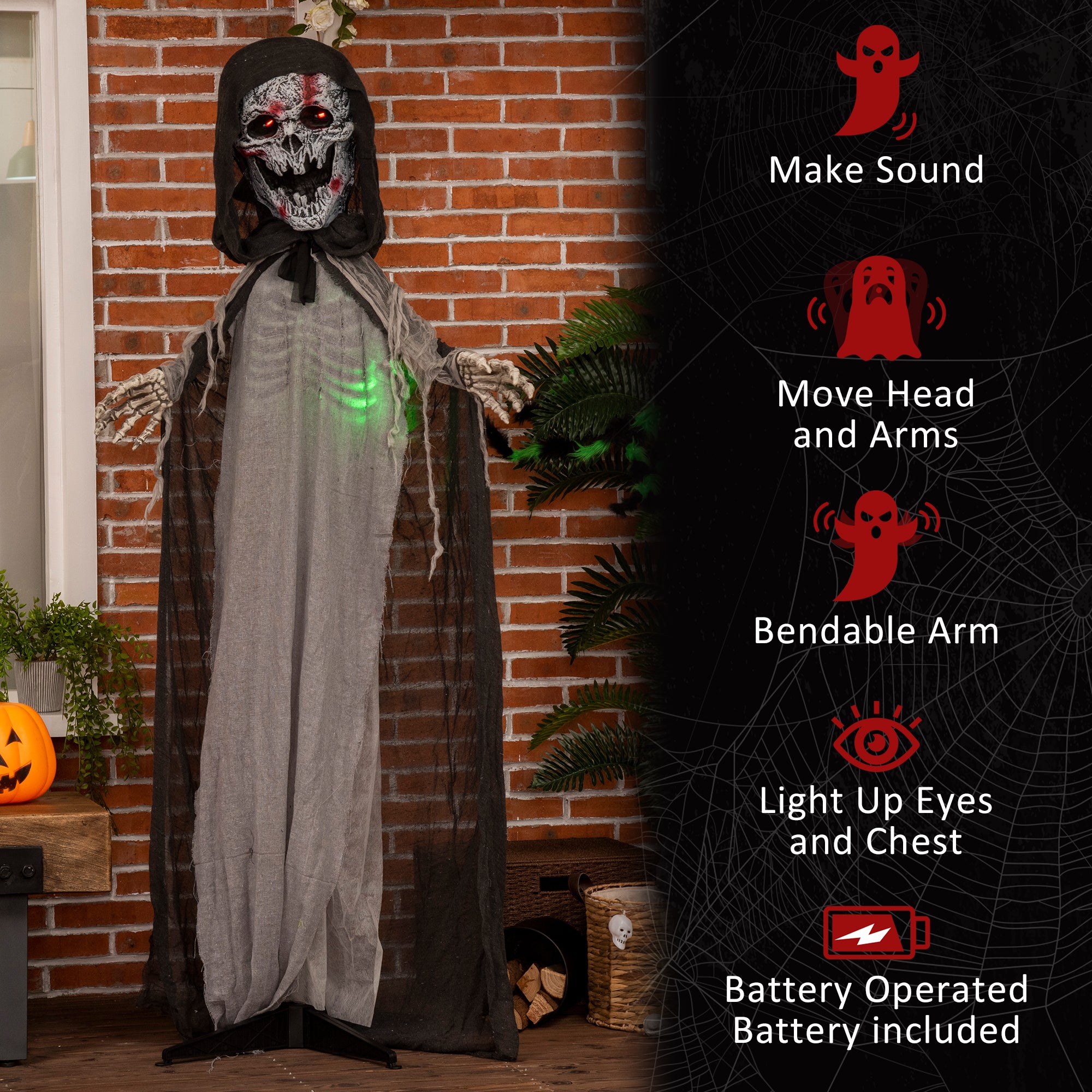 74" Life Size Outdoor Halloween Decorations Skeleton Witch, Animated Prop Animatronic Decor with Sound and Motion Activated, Light Up Eyes and Chest, Howling and Chain Sound