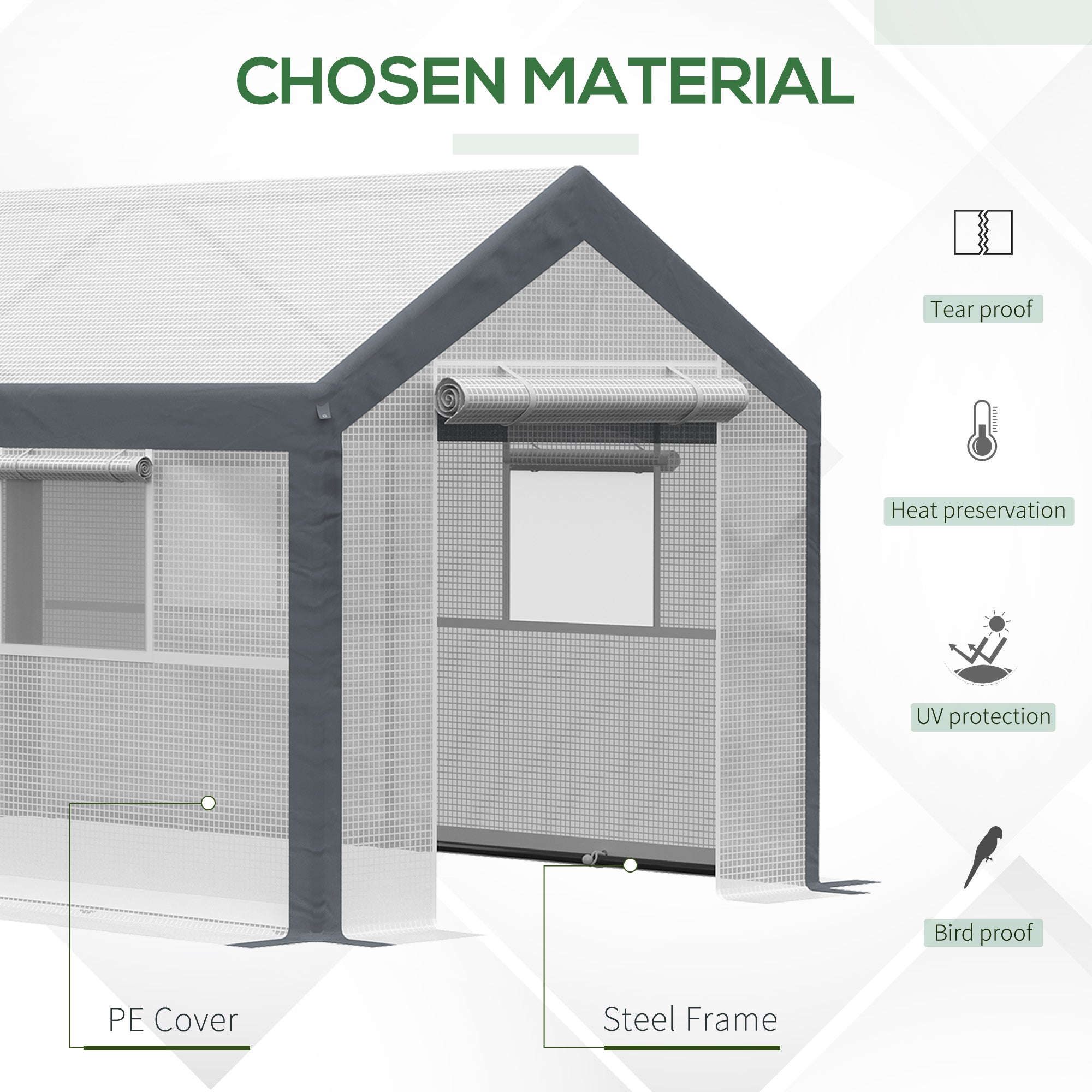12' x 7' x 7' Greenhouse, Walk-in Outdoor Tunnel Green House with PE Cover, Steel Frame, 2 Roll-Up Zipper Doors & 4 Windows for Flowers, Vegetables, Tropical Plants, White/Dark Gray - White - Image 4