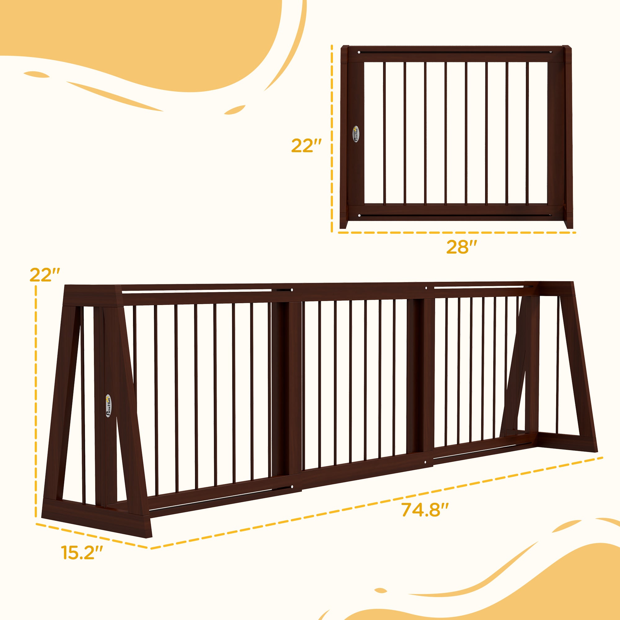 28"-75" Freestanding Wooden Pet Gate with Support Feet & Non-Slip Mats for Indoor, Stairway, Doorway, Brown - Brown - Image 3