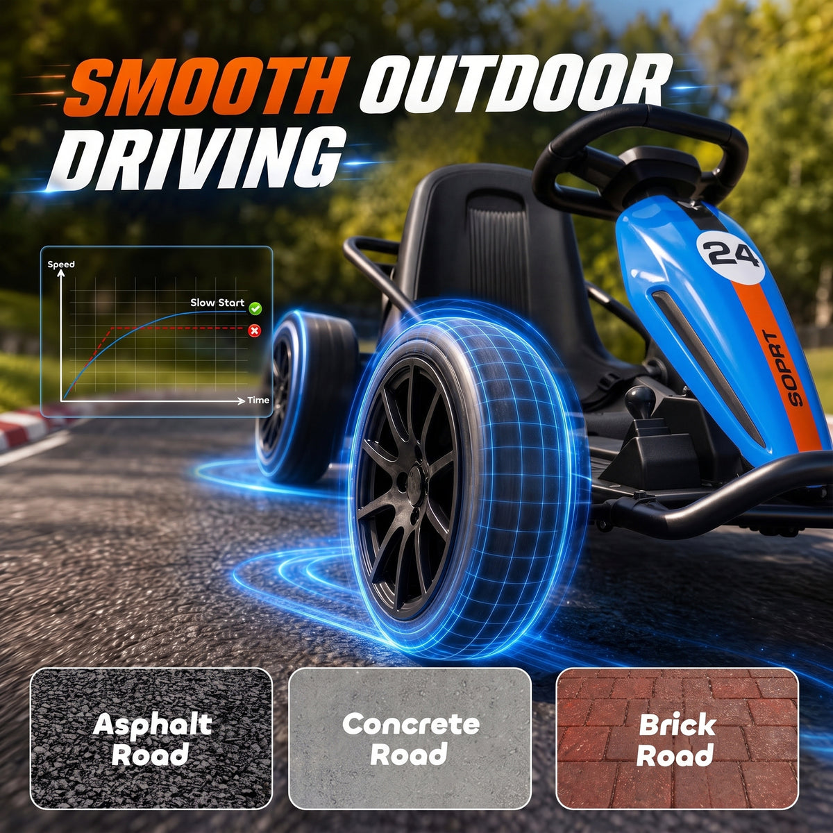 24V Electric Drift Go Kart for Kids with Dual Motors, Soft Start, PU Wheels, 7.5MPH High Speed, for Ages 6+, Blue