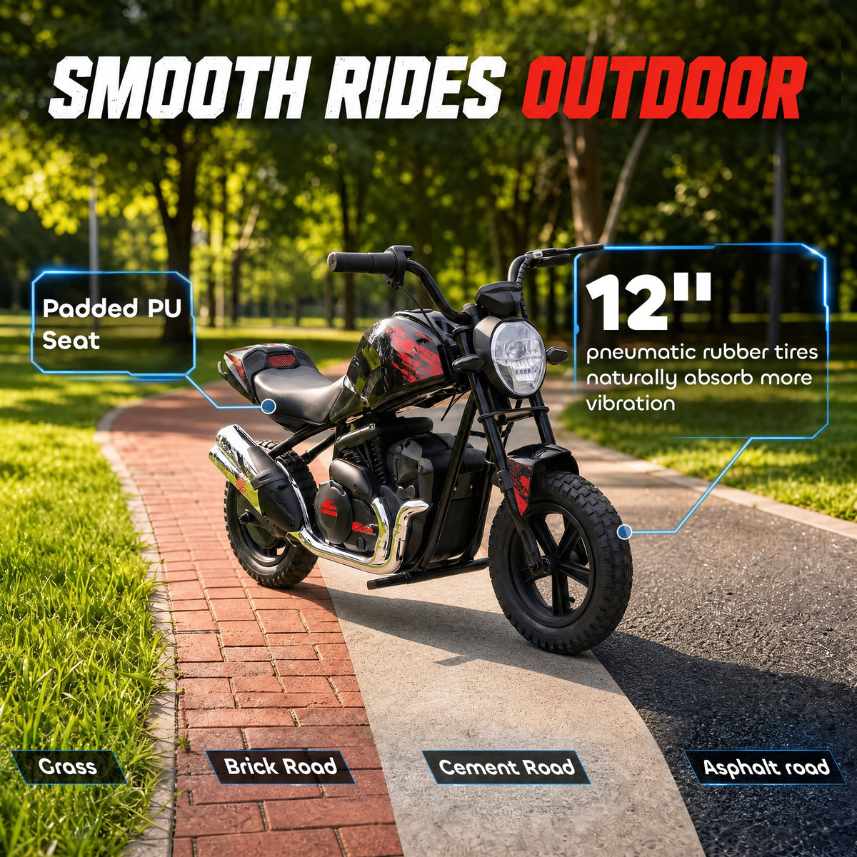 24V Kids Electric Motorcycle with 180W Motor, 12" Rubber Tires, Up to 11MPH, Twist Throttle for Ages 6-12, Black