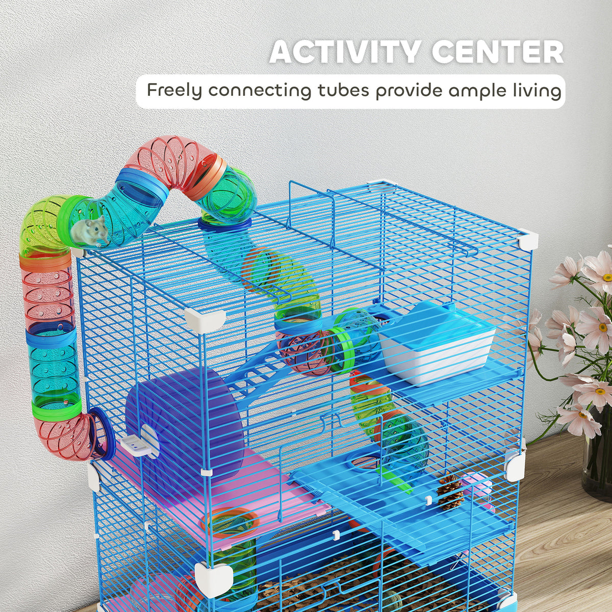 5 Tiers Hamster Cage Portable Animal Travel Carrier w/ Exercise Wheels Tube, Blue