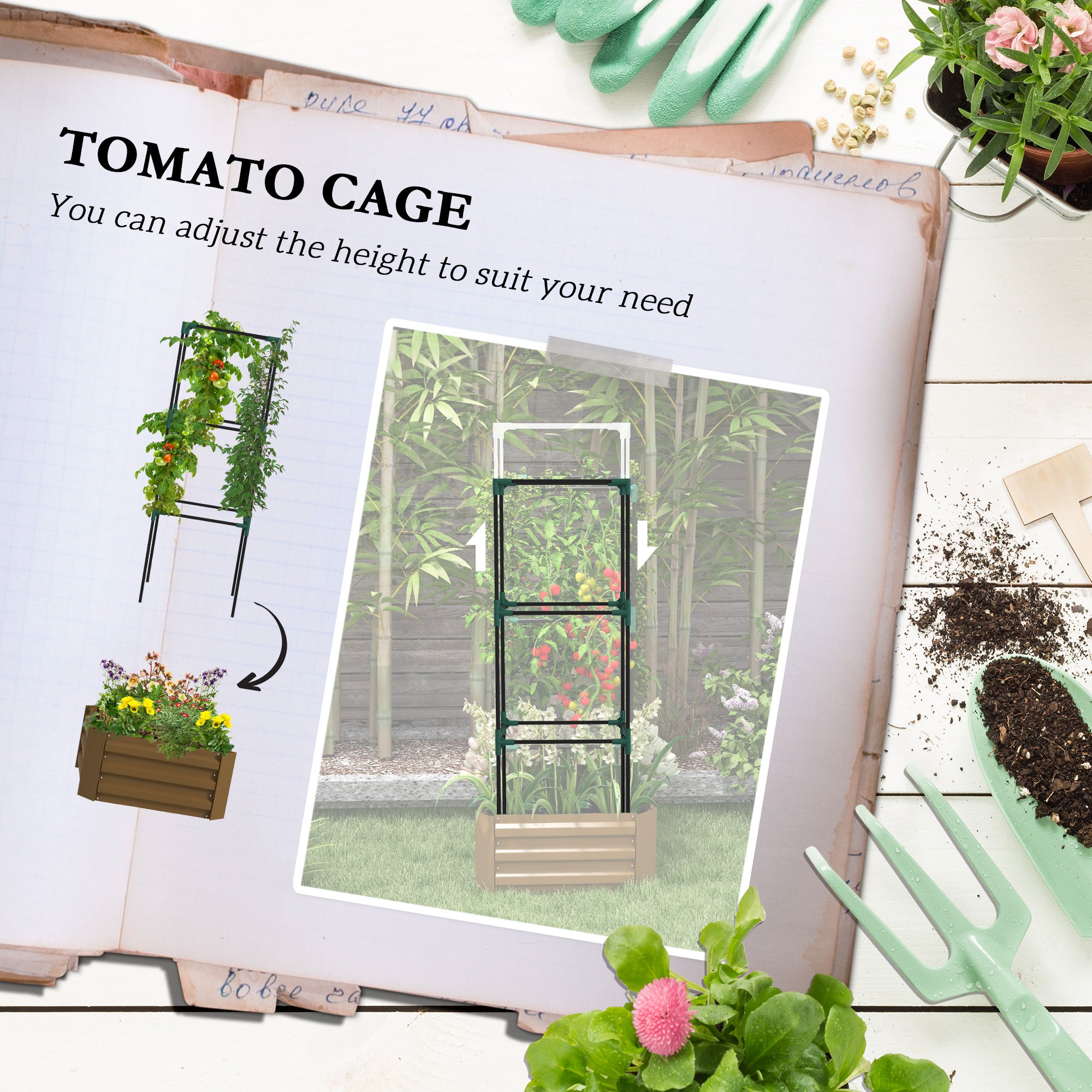 Galvanized Planter Box, 24" x 24" x 55" Raised Garden Bed with Tomato Cage for Climbing Vines, Brown - Brown - Image 4