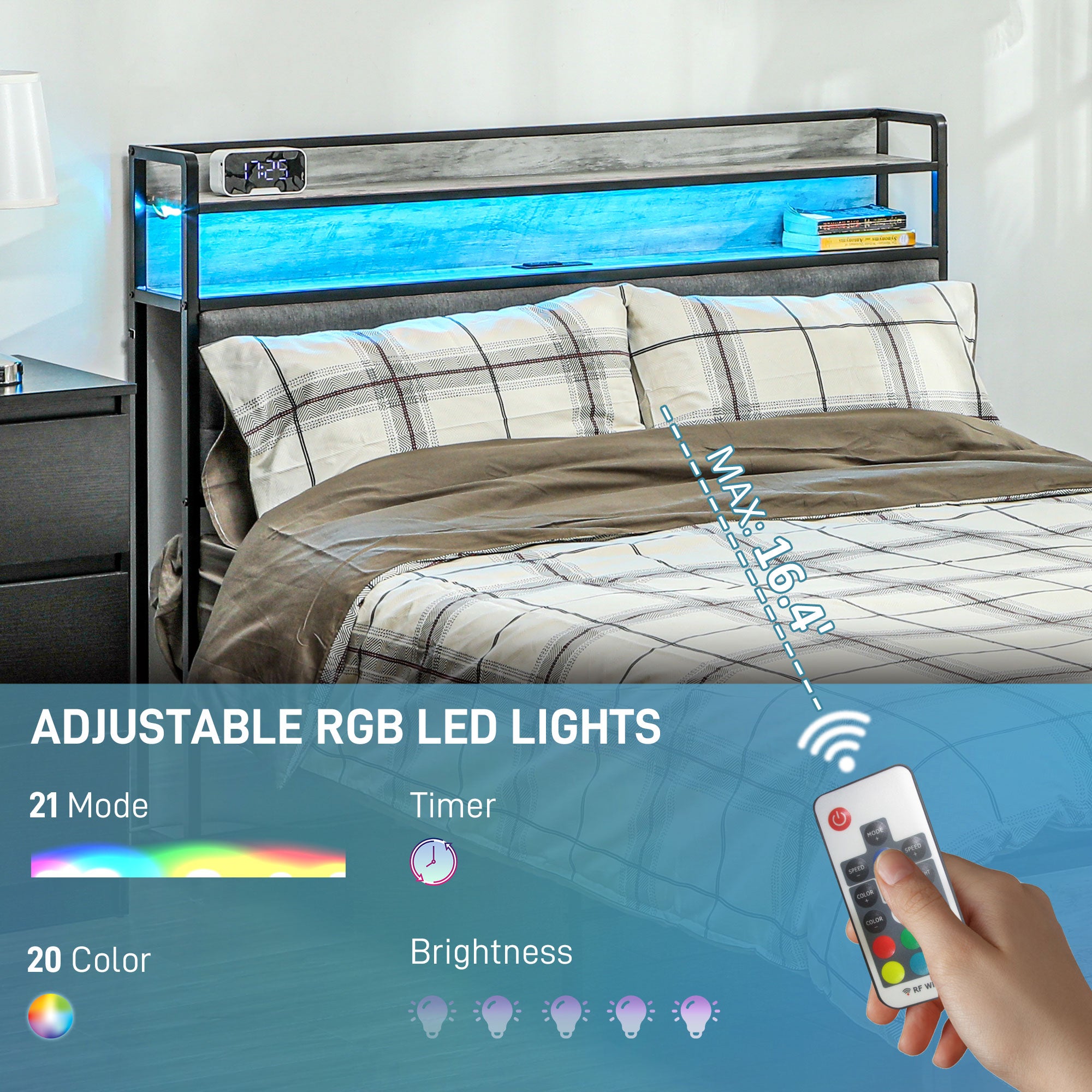 Full Bed Frame with Storage Upholstered Headboard, Full Size Bed Frame with LED Lights, Charging Station, Cement Gray