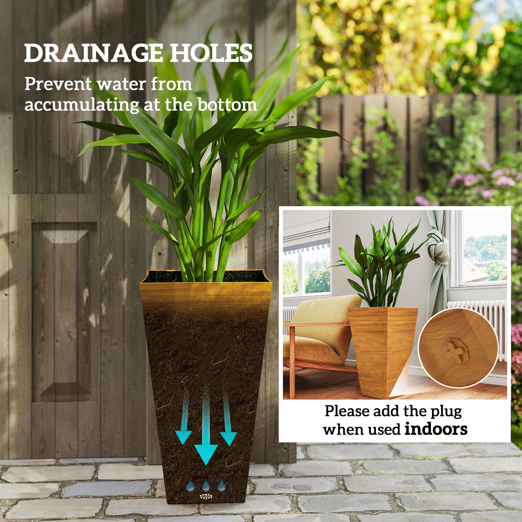 Set of 3 Tall Planters, 28" Outdoor Planter w/ Drainage Holes, Faux Wood Plastic Flower Pots, Light Brown - Brown - Image 5