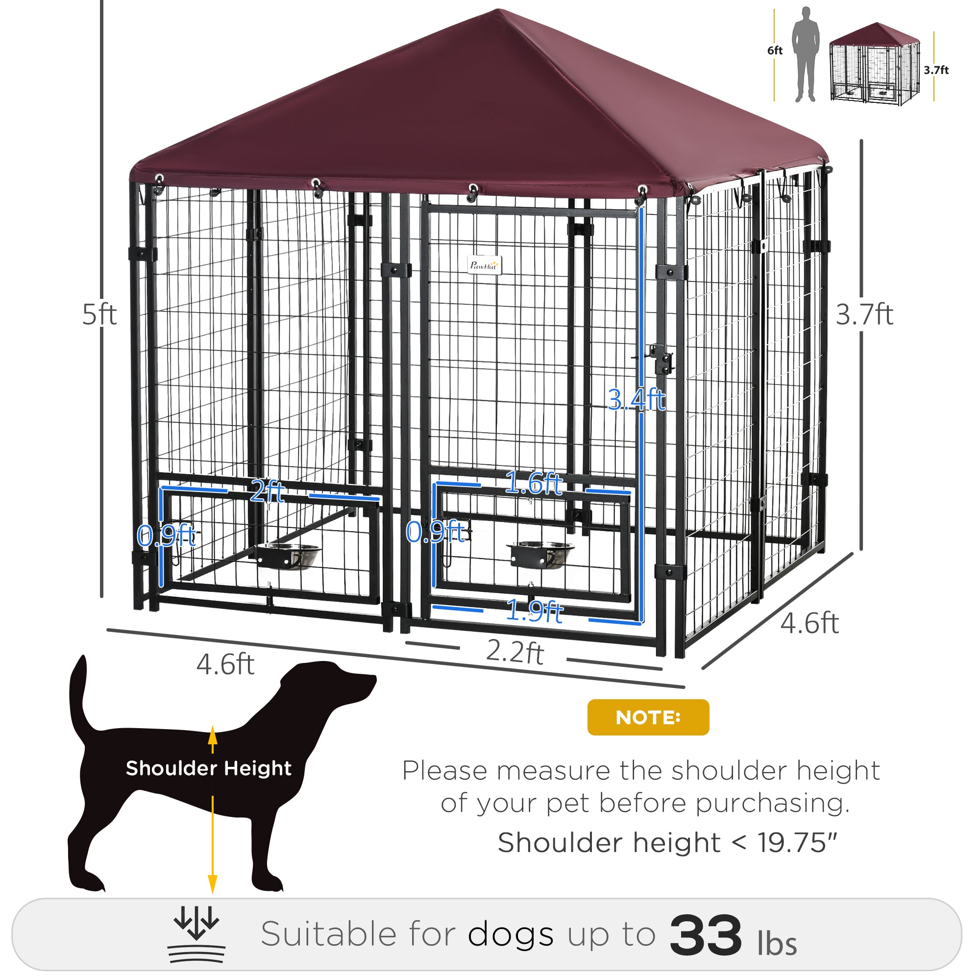 Outdoor Dog Kennel with Rotating Bowl Holders, Pet Playpen with Waterproof Cover, 4.6' x 4.6' x 5', Red - Red - Image 3