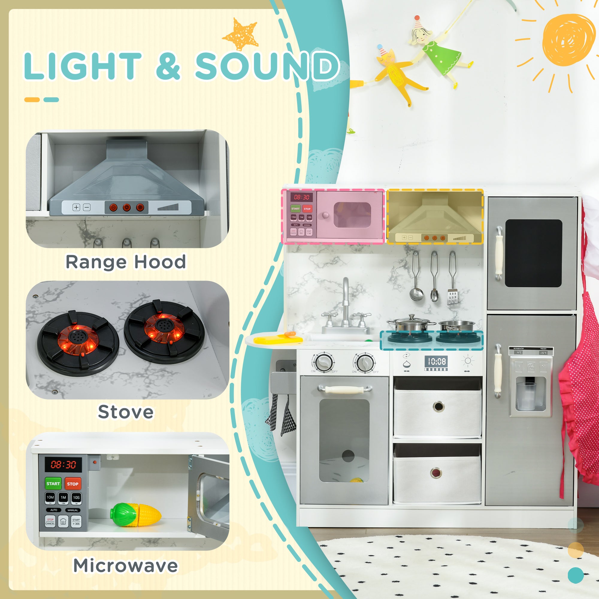 Play Kitchen Set for Kids W/ Lights Sounds, Apron and Chef Hat, White