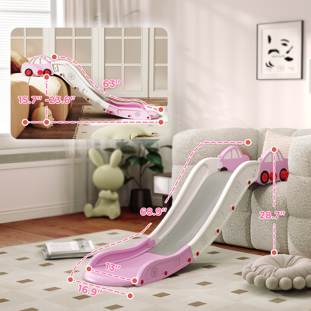 Extra Length Toddler Slide for Bed, Sofa, Easy to Assemble, Pink
