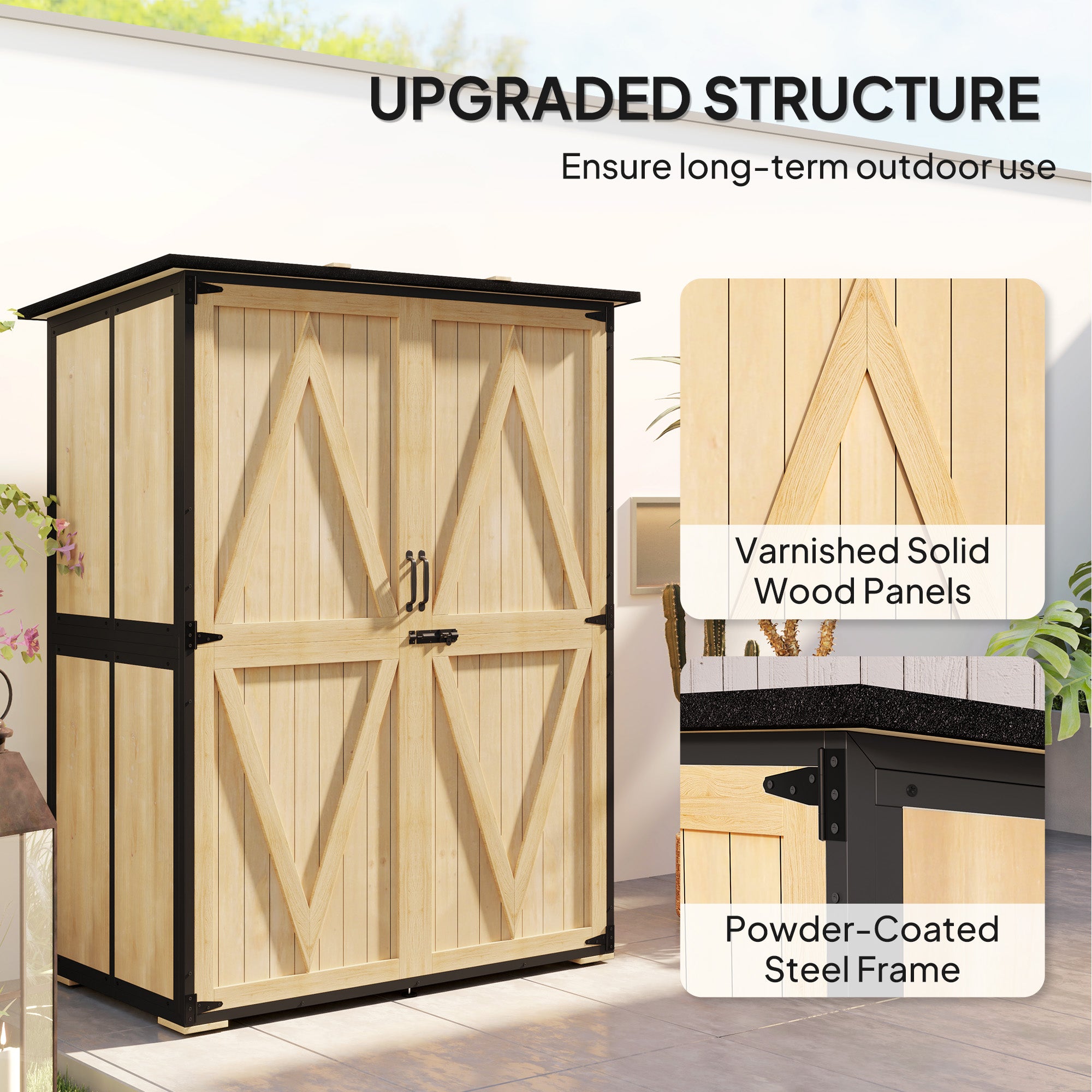 Wood Storage Shed, Outdoor Garden Shed with Asphalt Roof, 2 Shelves, Lockable Doors and Adjustable Feet, Natural - Natural Wood - Image 4
