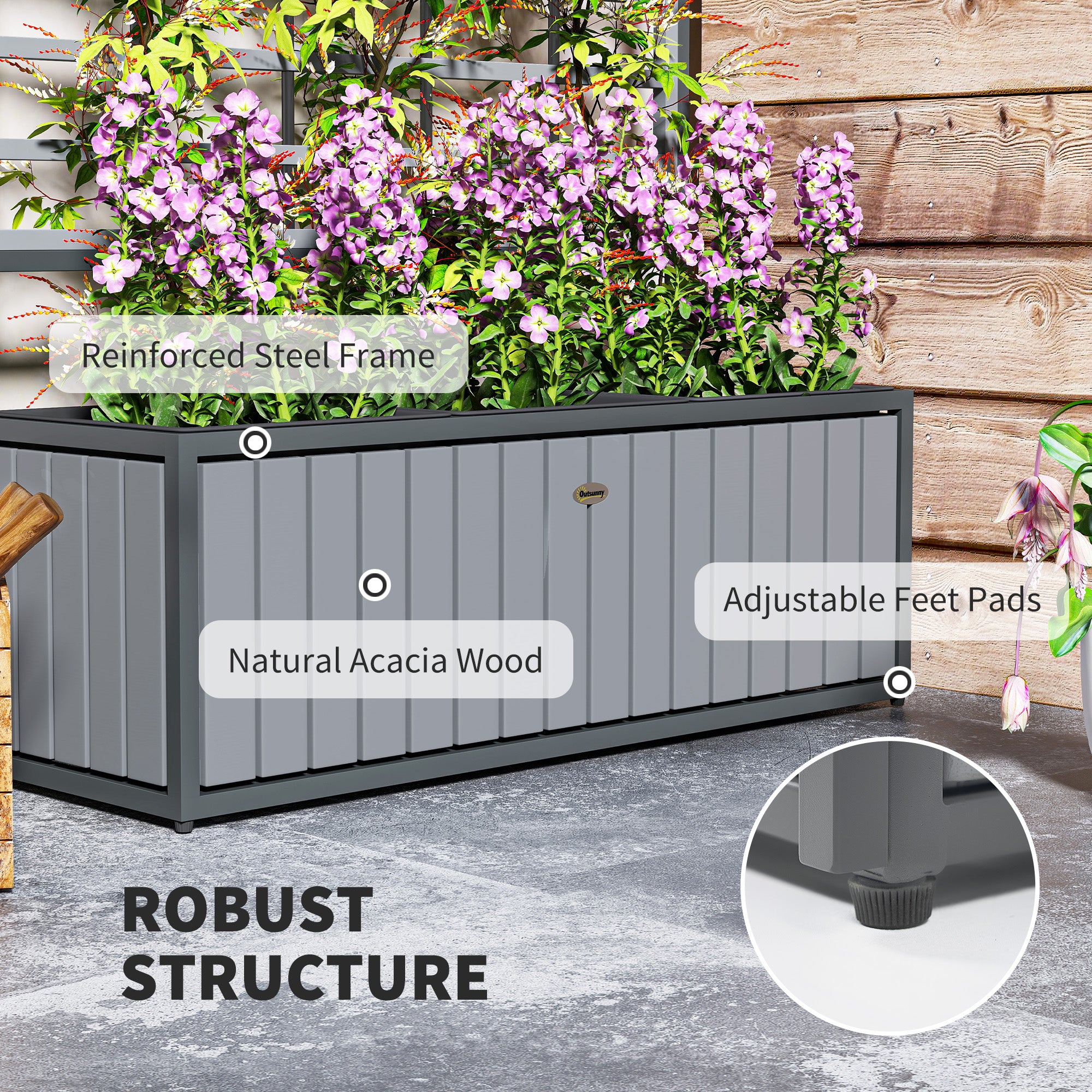 Wooden Raised Garden Bed with Trellis, Removable Pots, for Backyard, Patio, Balcony, 29" x 11" x 52", Gray - Gray - Image 5