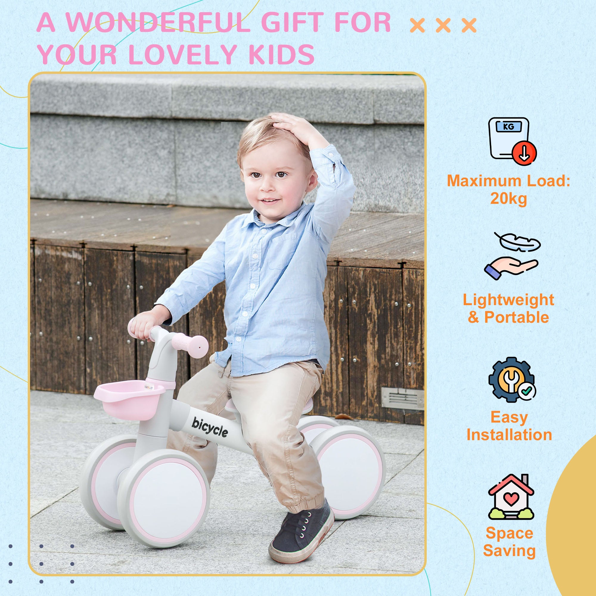 Balance Bike for Toddlers 1-3 Years with Adjustable Seat, Silent Wheels, No Pedal Bike, Pink