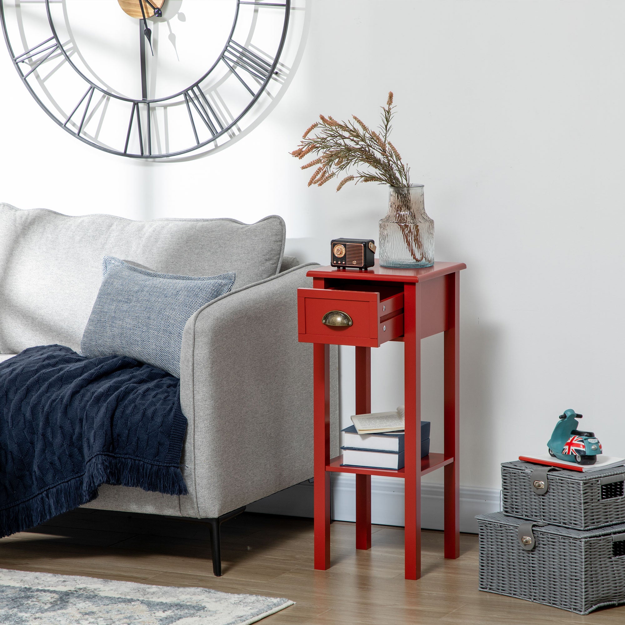 2-Tier Side Table with Drawer and Shelf, End Table for Living Room and Hallway, Red