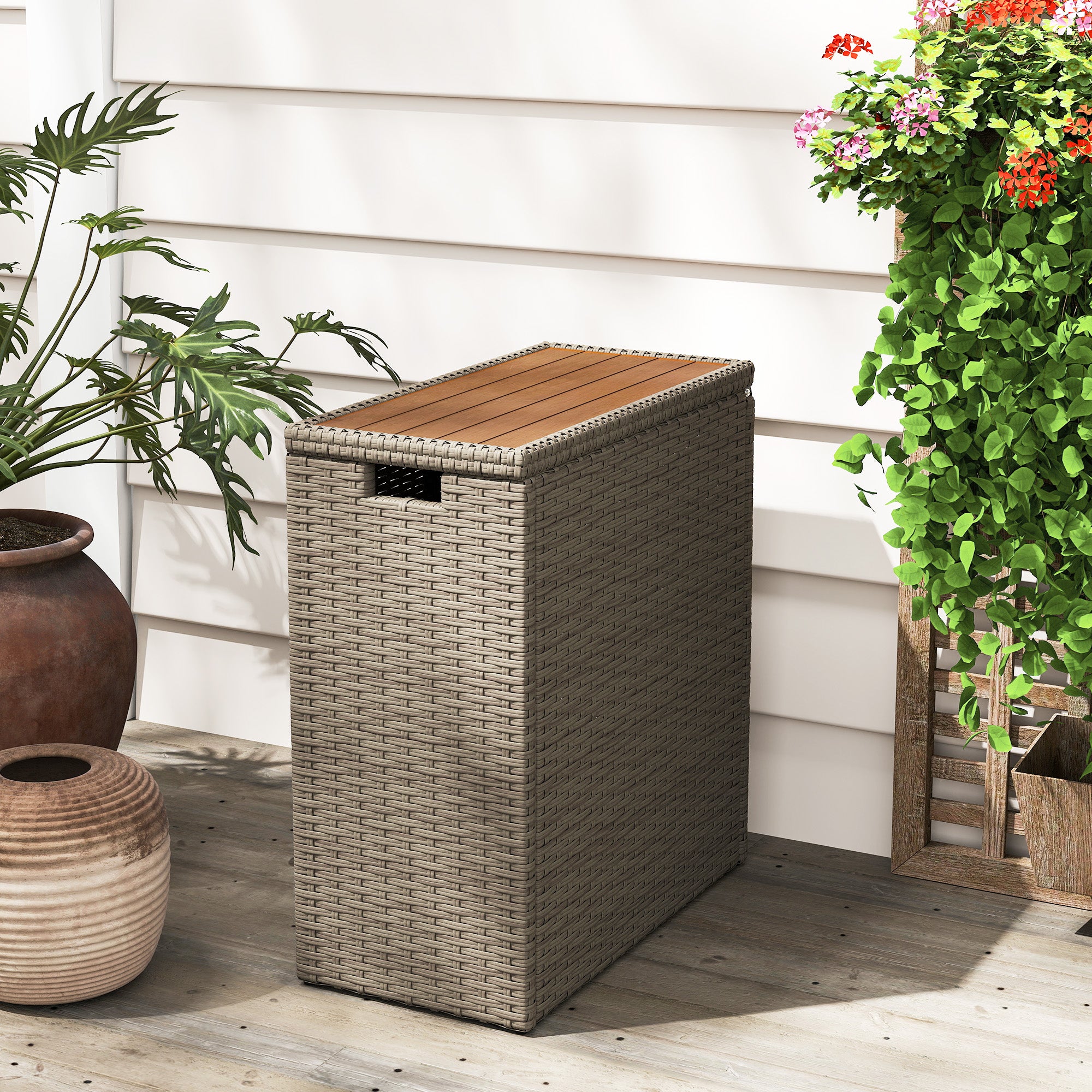 17-Gallon Small Deck Box, Wicker Outdoor Storage Box with Acacia Wood Top for Patio Cushions and Garden Tools, Teak - Teak - Image 8