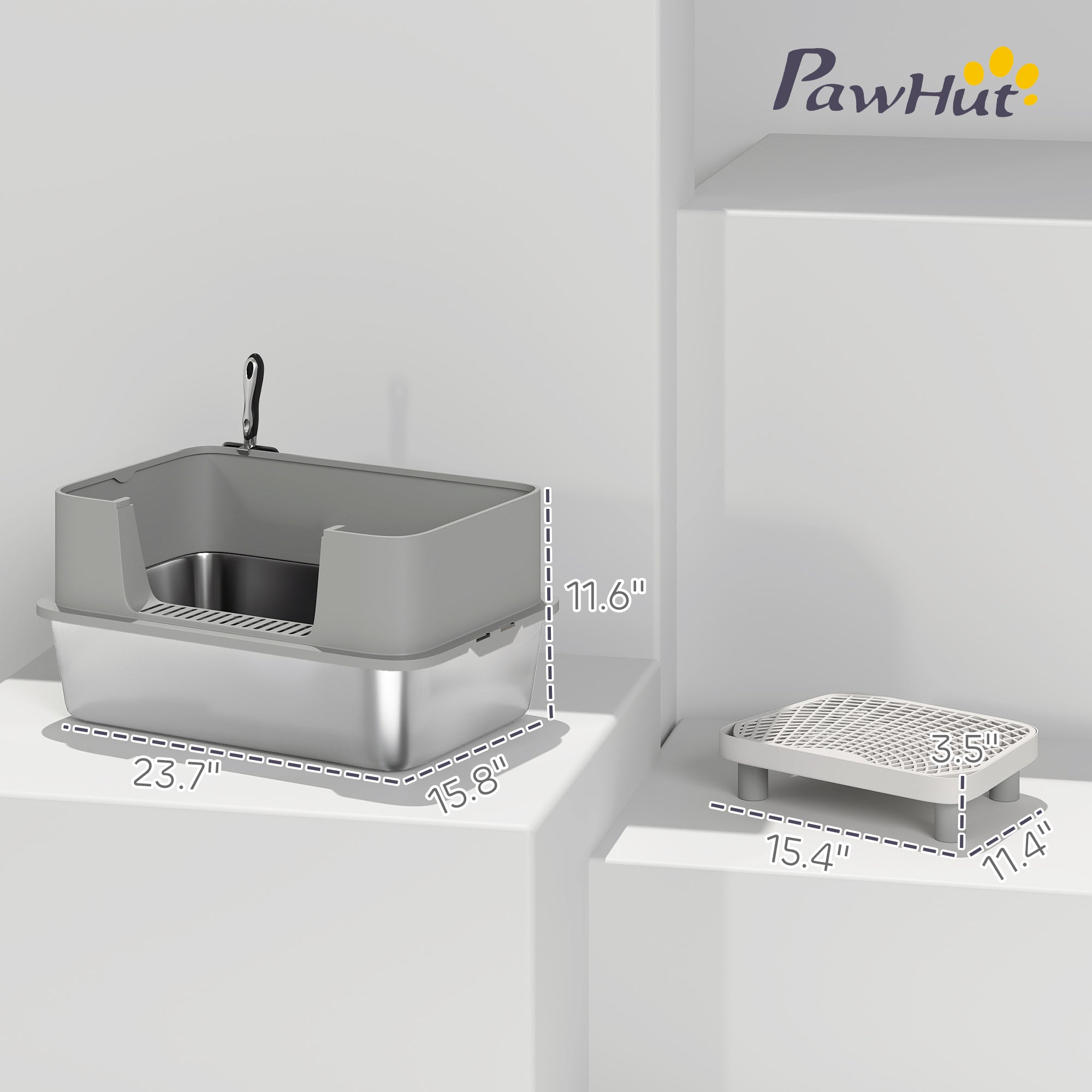 Stainless Steel Litter Box with High Sides, Metal Cat Litter Box with Scoop, Pedal, Anti-Urine Leakage, Non-Sticky - Gray - Image 3
