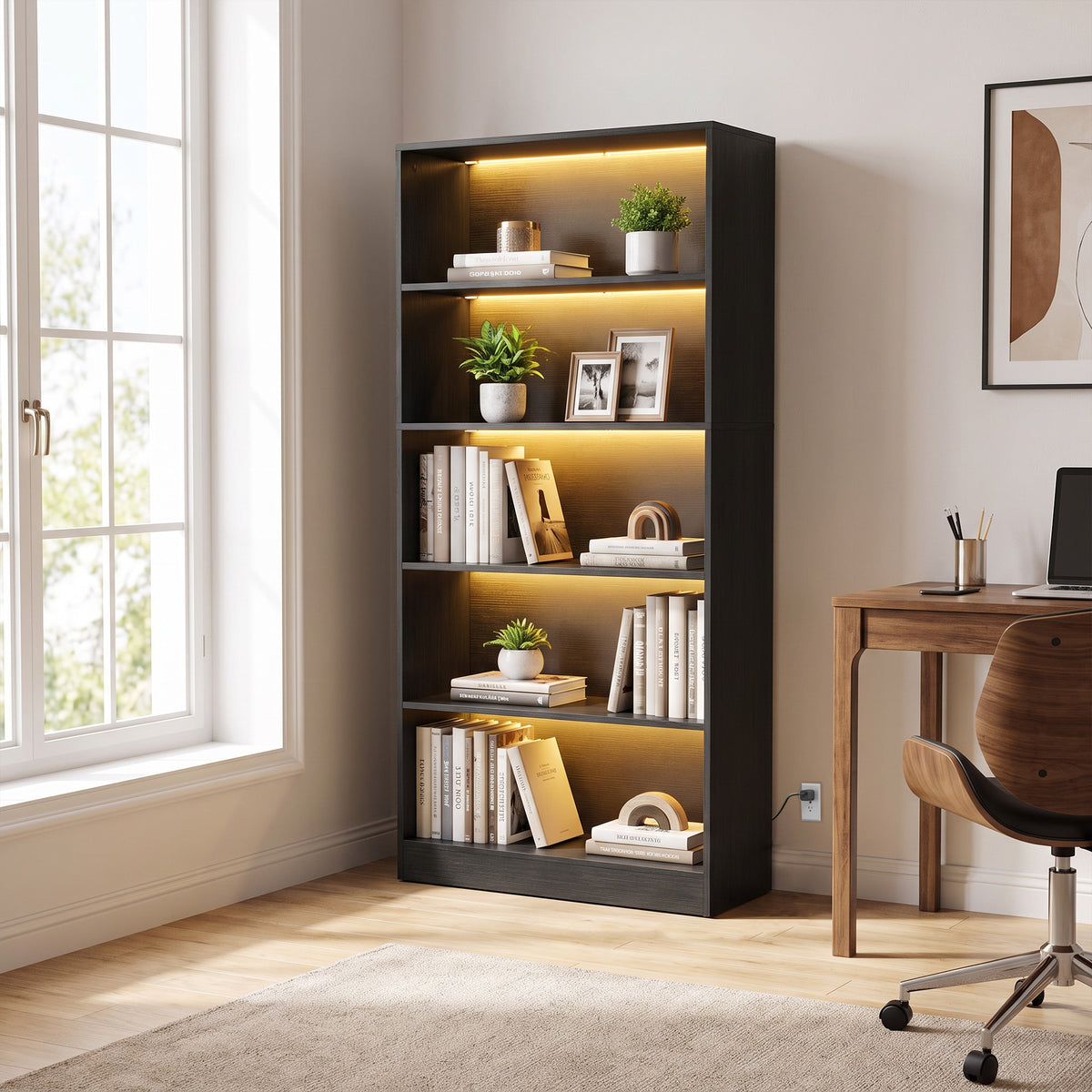 Bookshelf with LED Lights, 5-Tier Bookcase, Cable Holes, for Living Room, Study, Black Wood Grain
