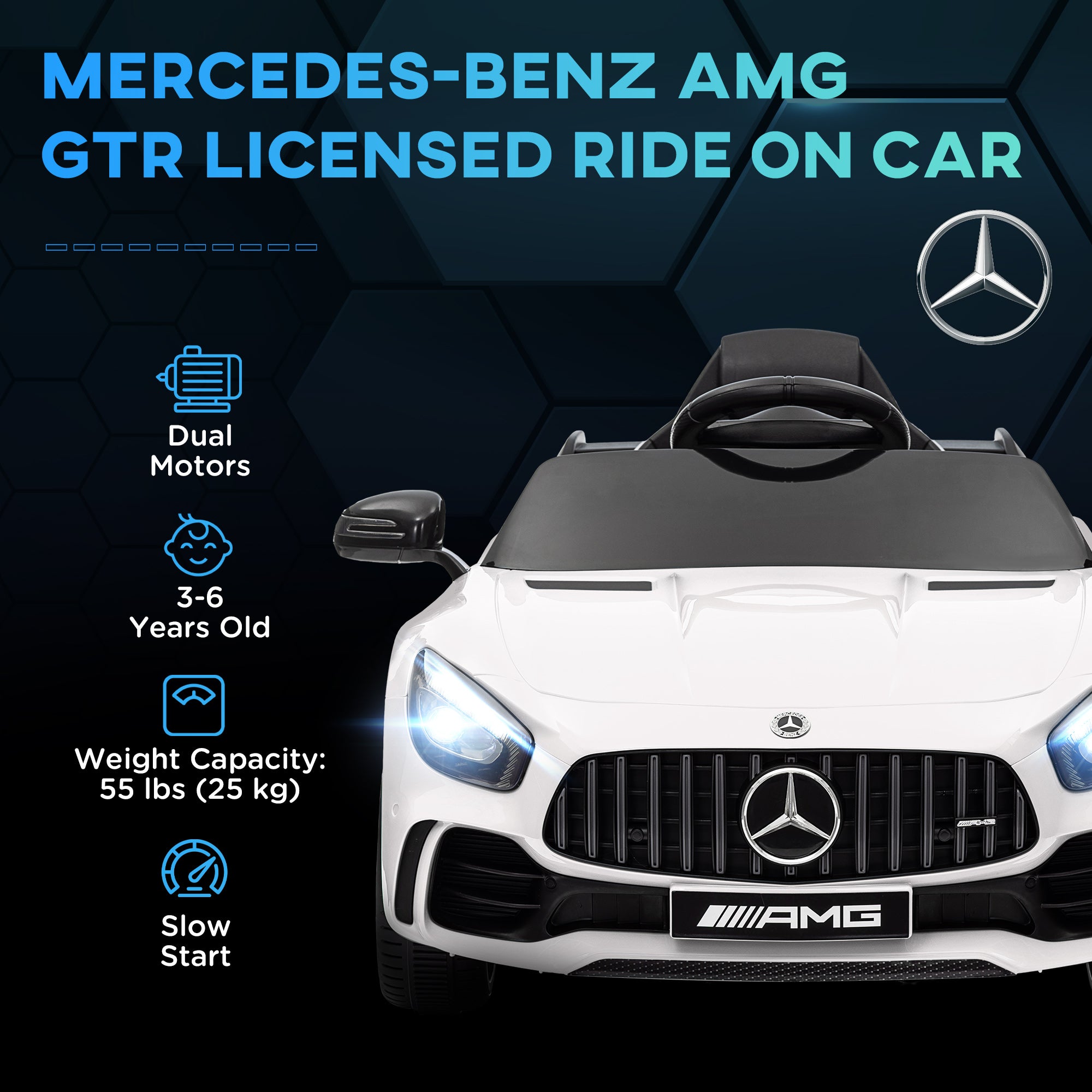 Mercedes-Benz AMG GTR Licensed 12V Battery Powered Kids Electric Car w/ Remote Control & Soft Start, White