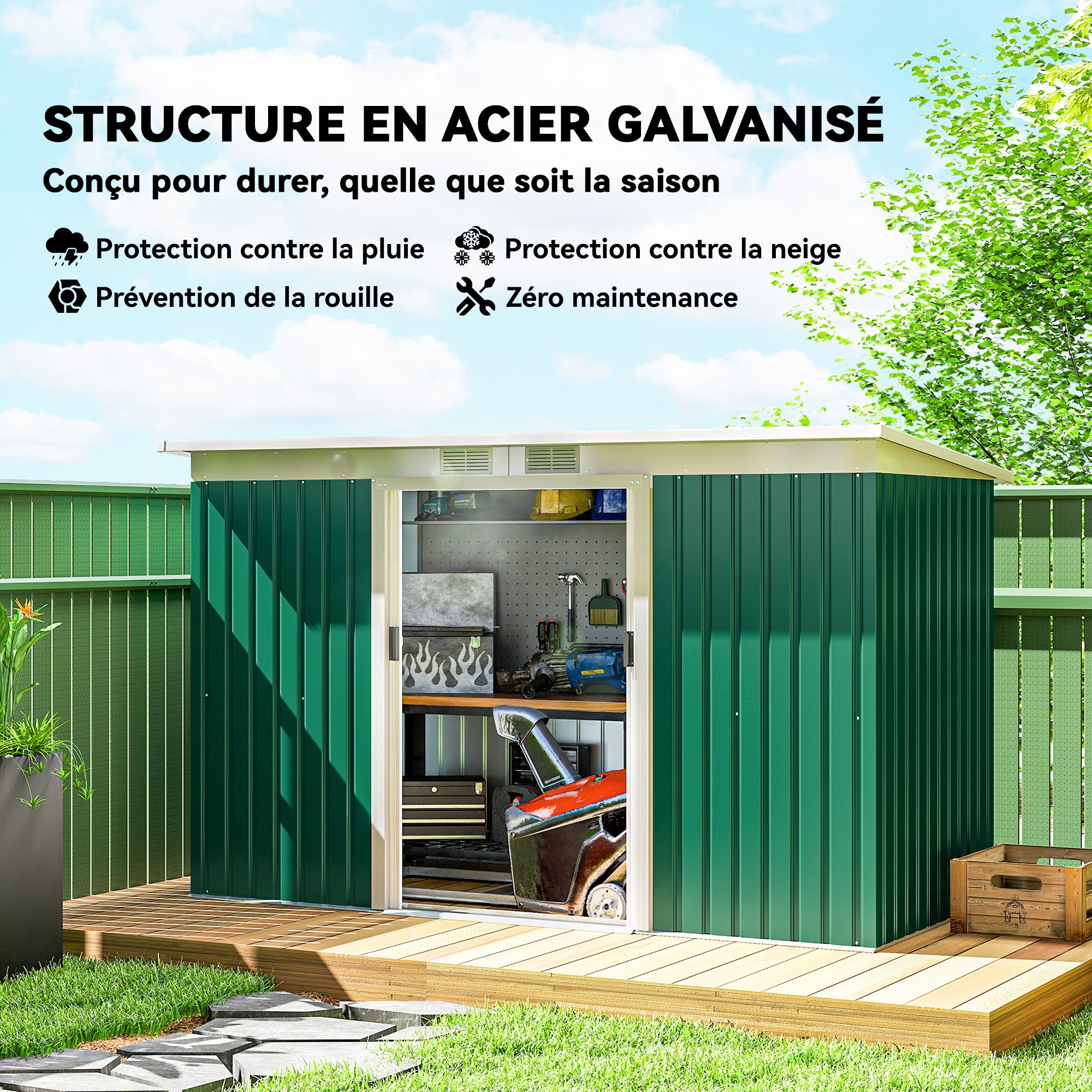9' x 4' Metal Outdoor Storage Shed, Tool House with Double Lockable Doors for Backyard, Patio, Lawn, Garage, Dark Green - Green - Image 4