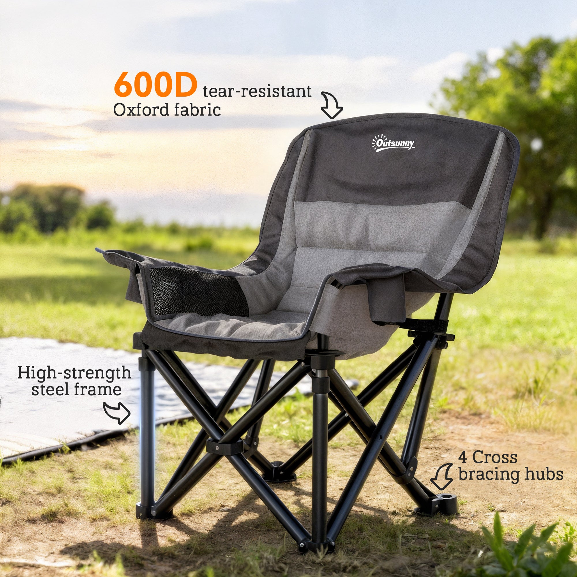 Camping Chair for Adults, Portable Folding Camping Chair with Side Pockets, Cup Holders, Carry Bag, Black and Gray