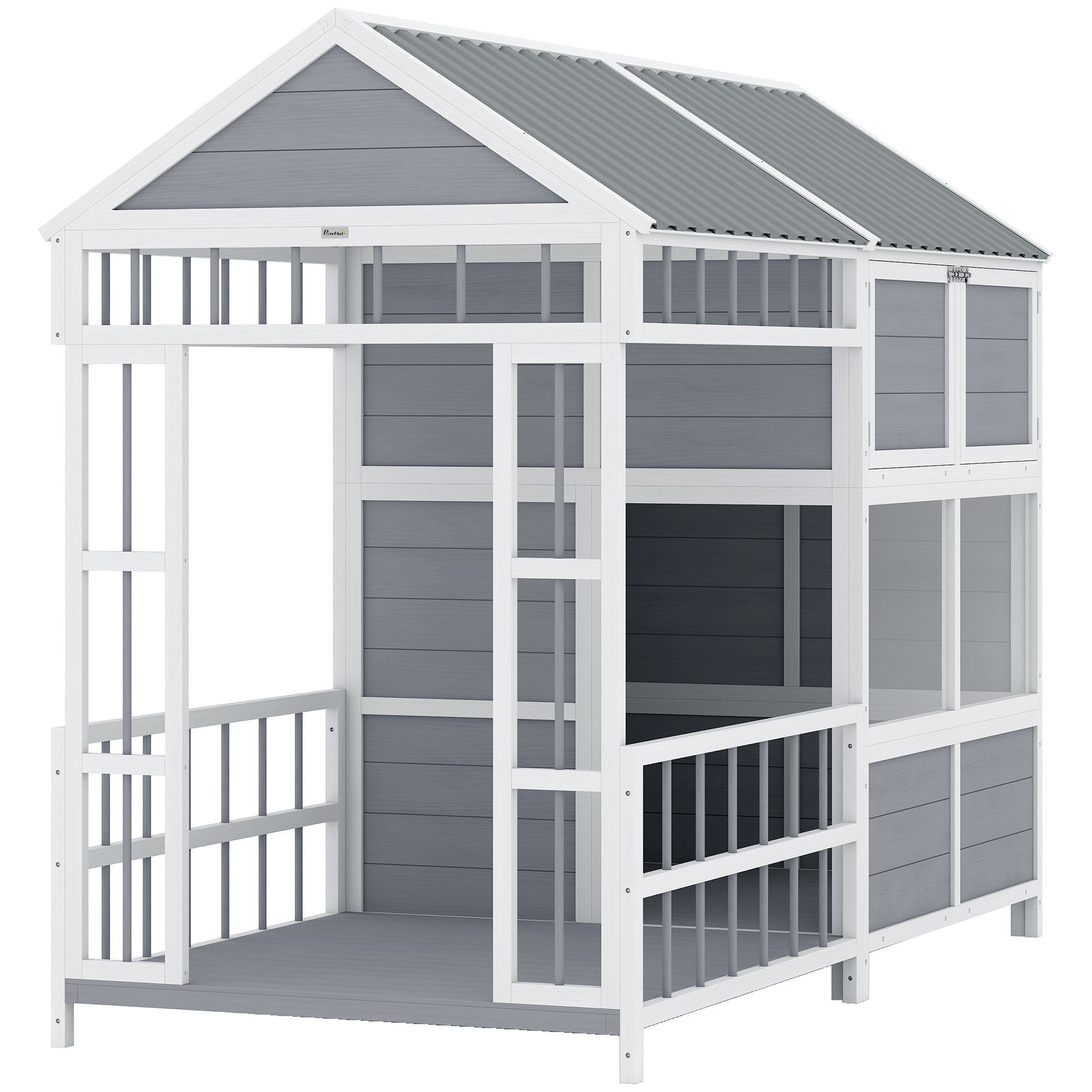79"L Large Dog House Outdoor, Wooden Dog Kennel with Porch, Storage Cabinet,Weatherproof Roof, Windows - Gray