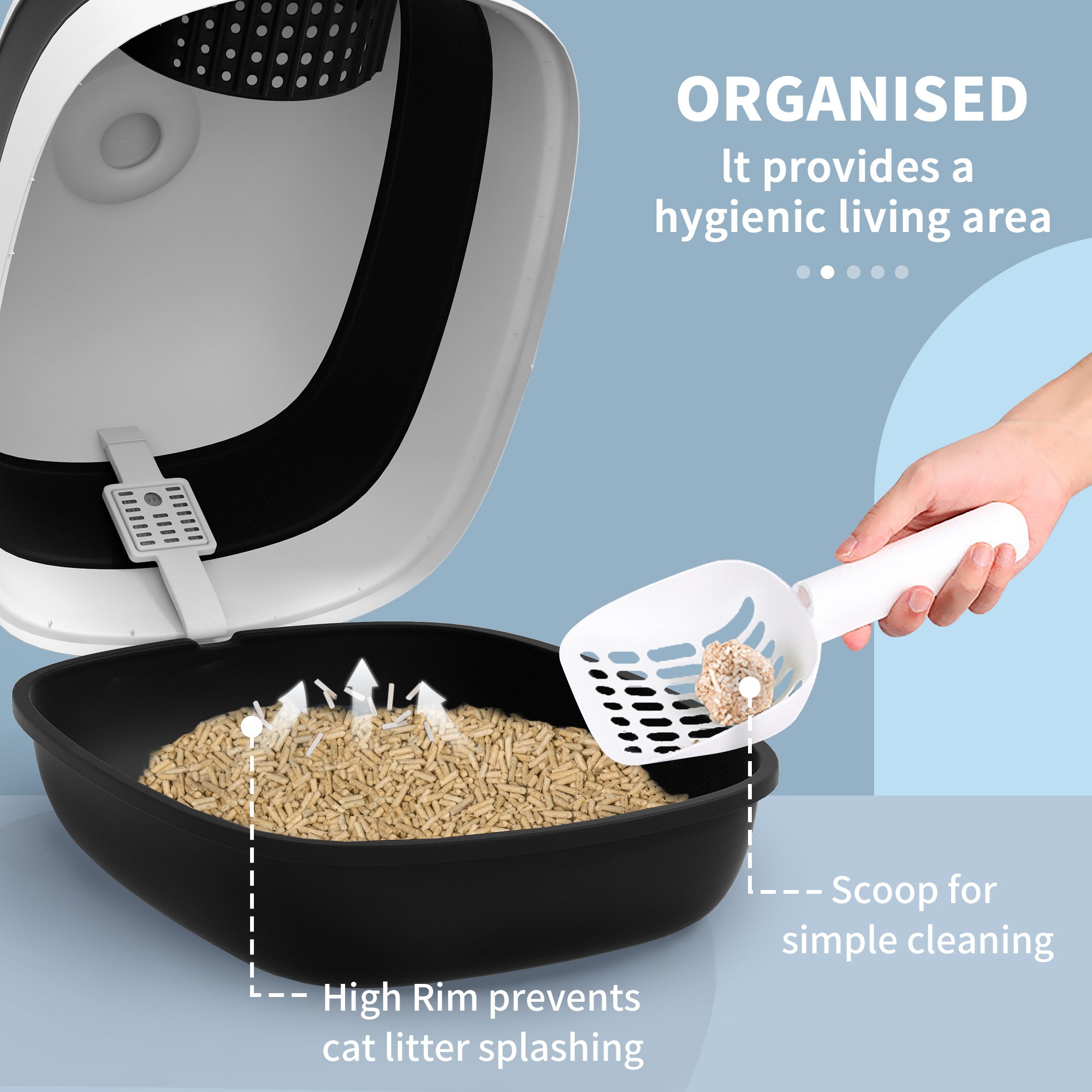Dome Covered Cat Litter Box with Lid, White and Black - Black - Image 5