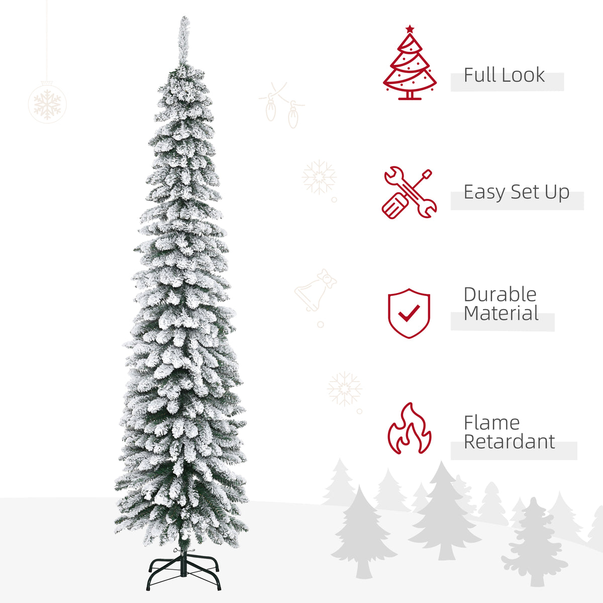 7' Tall Unlit Slim Pencil Xmas Tree, Snow-Flocked Artificial Christmas Tree with Realistic Branches and 603 Tips, Green