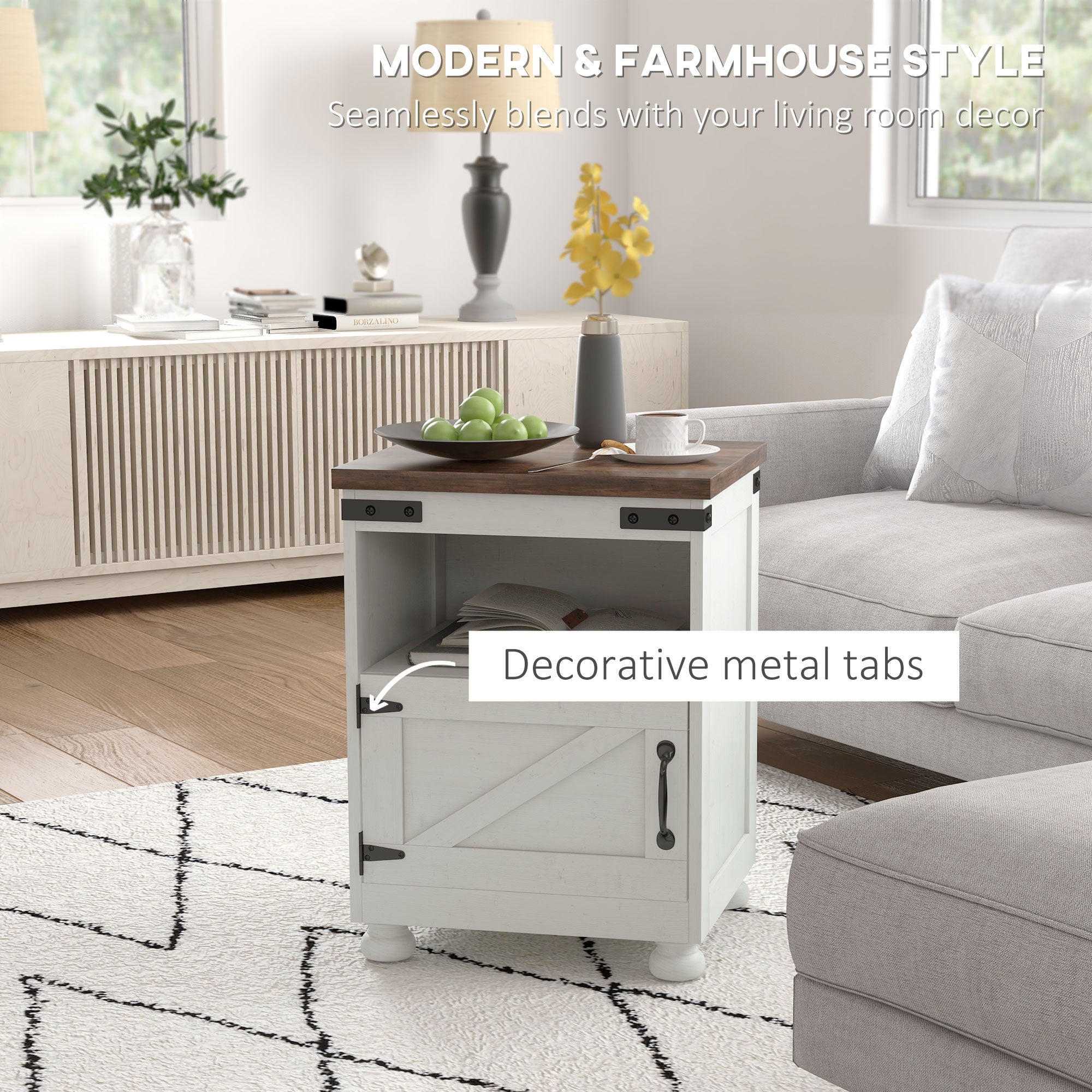 Side Table with Storage, End Table with Open Shelf, Cupboard and Wood Legs, Modern and Farmhouse Style, White
