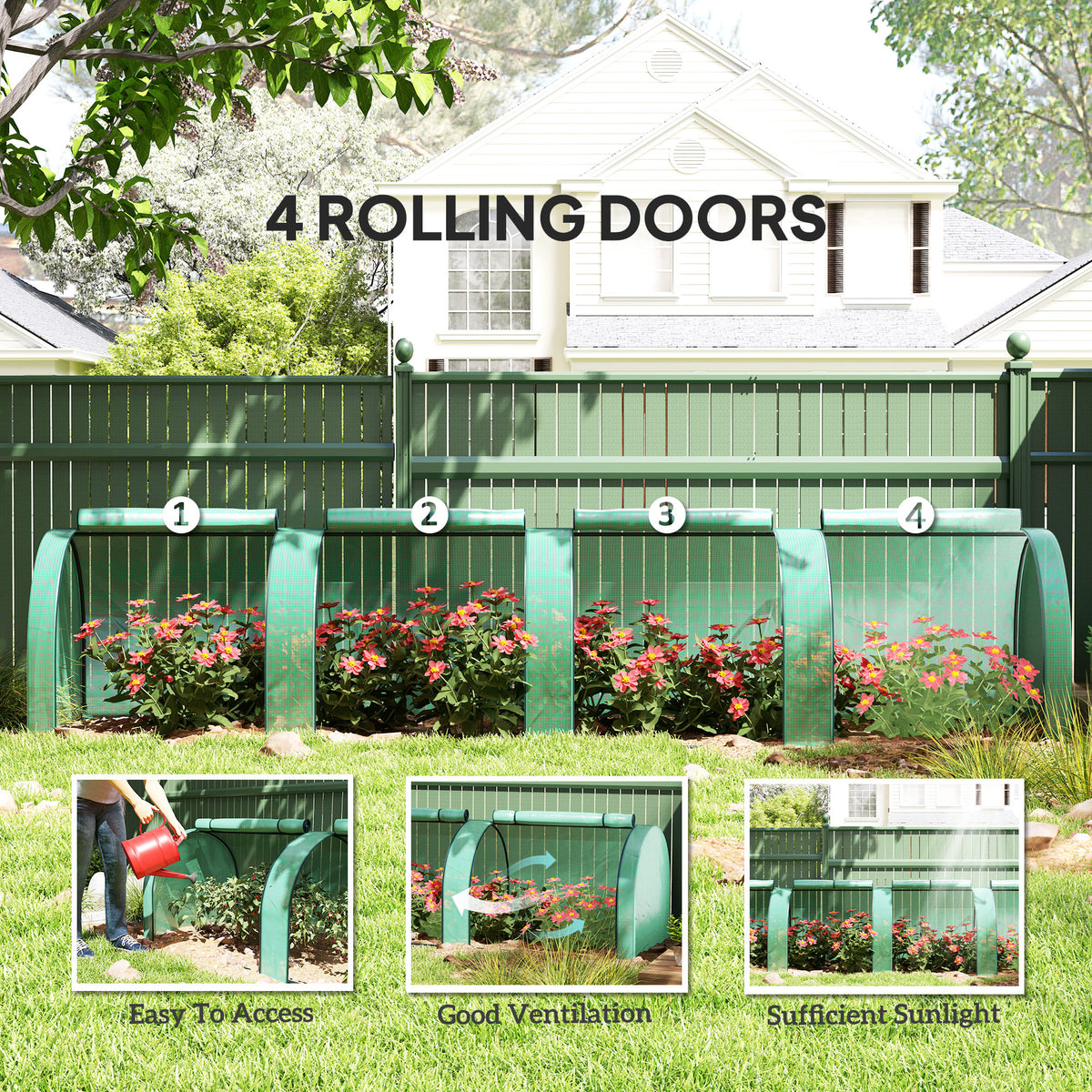 13' L x 3' W x 2.5' H Portable Tunneled Greenhouse with 4 Zippered Doors, Water/UV Fighting PE Cover, Green