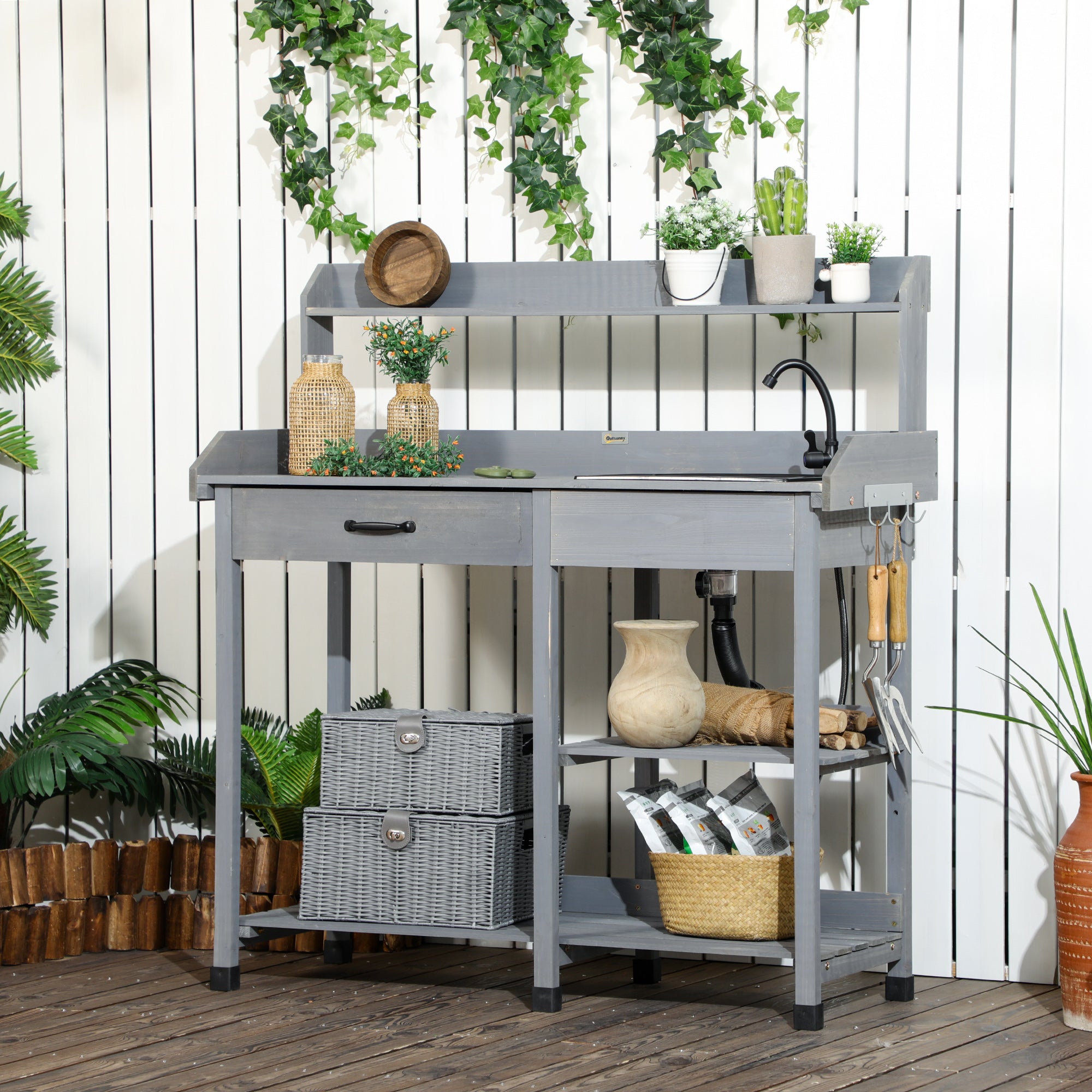 Potting Bench Table, Outdoor Garden Table Wooden Work Station with Removable Sink, Faucet, Drawer, Shelves, Hooks, Gray - Gray - Image 2