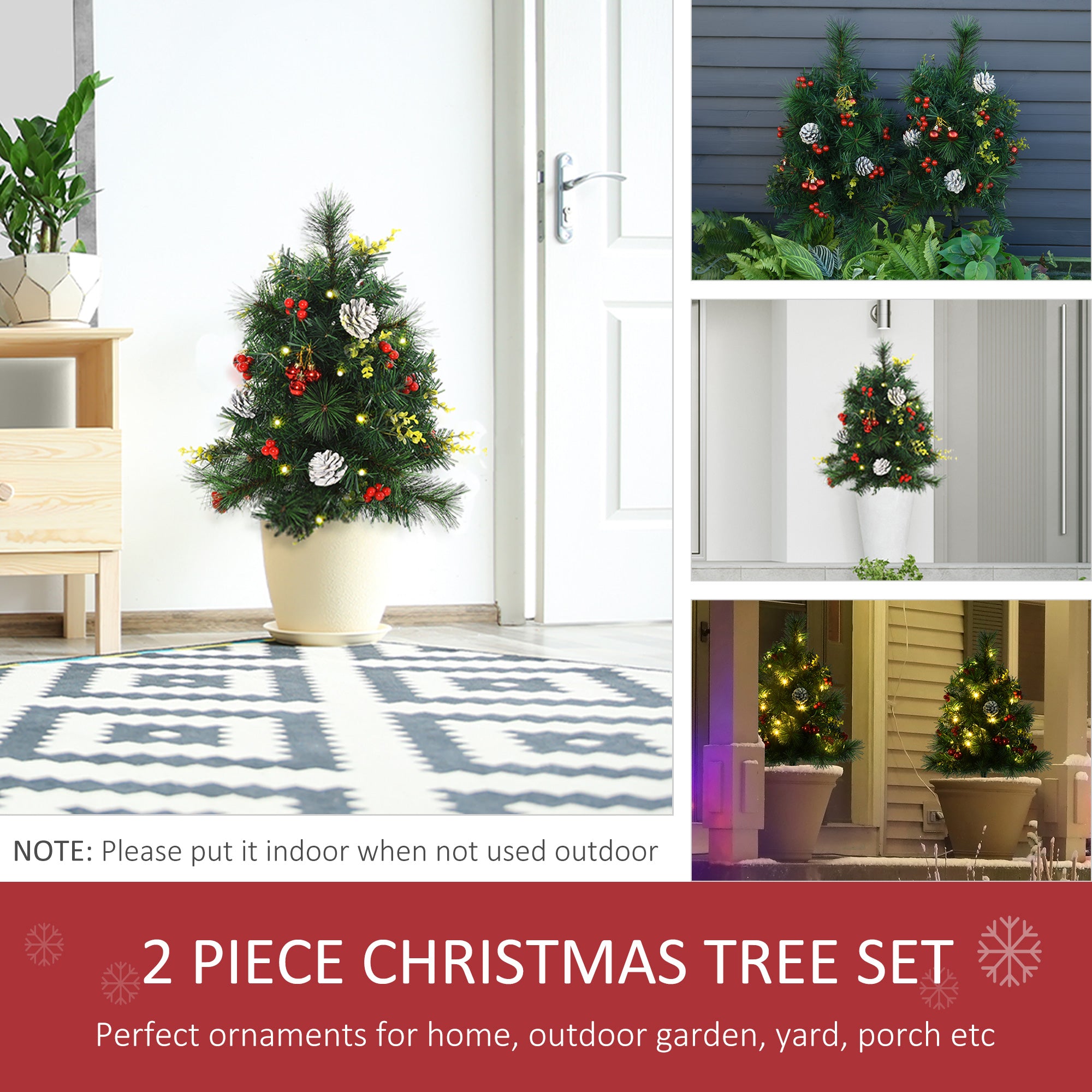 24in Christmas Tree 2-Pack Outdoor Pre-Lit Artificial Pine Cordless with 24 Warm White Lights and Stakes