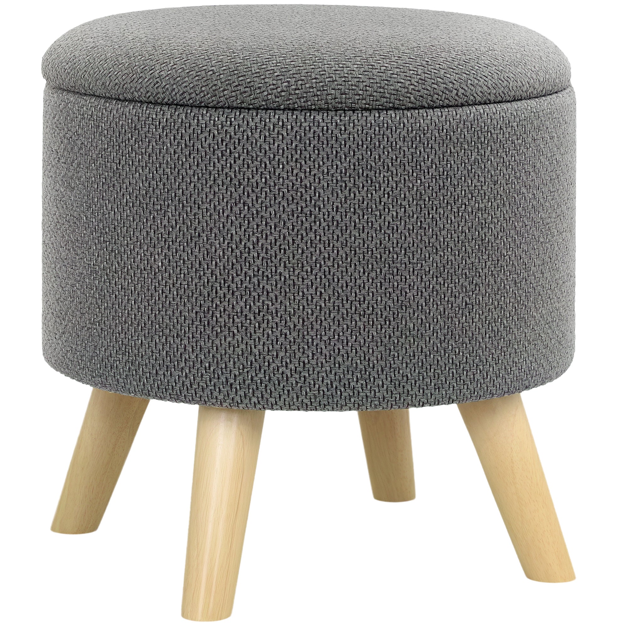 Round Ottoman Stool with Storage, Linen Upholstered Foot Stool with Padded Seat, Hidden Space and Wood Legs, Gray