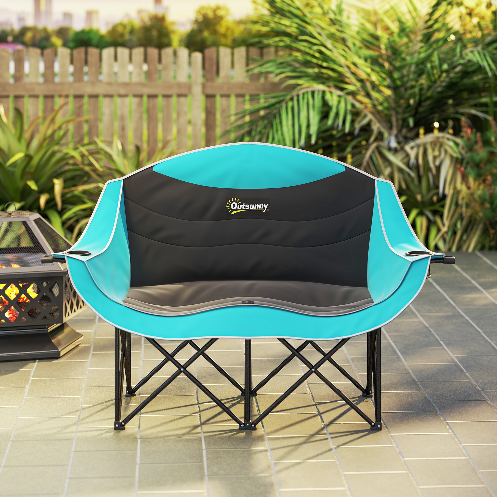 Padded Folding Camp Chair for Adults, Double Camping Chair with Armrests, Cup Holders, Carry Bag for Outdoor, Green