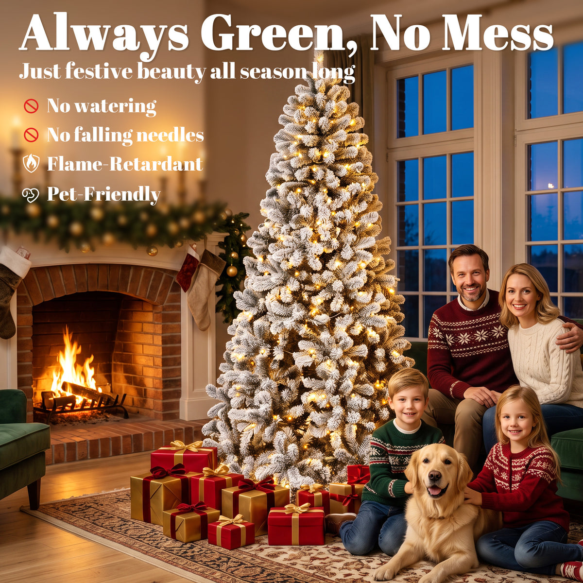 6ft Flocked Prelit Christmas Tree, Northern Pine, Artificial Xmas Tree with Curved Tips, LEDs