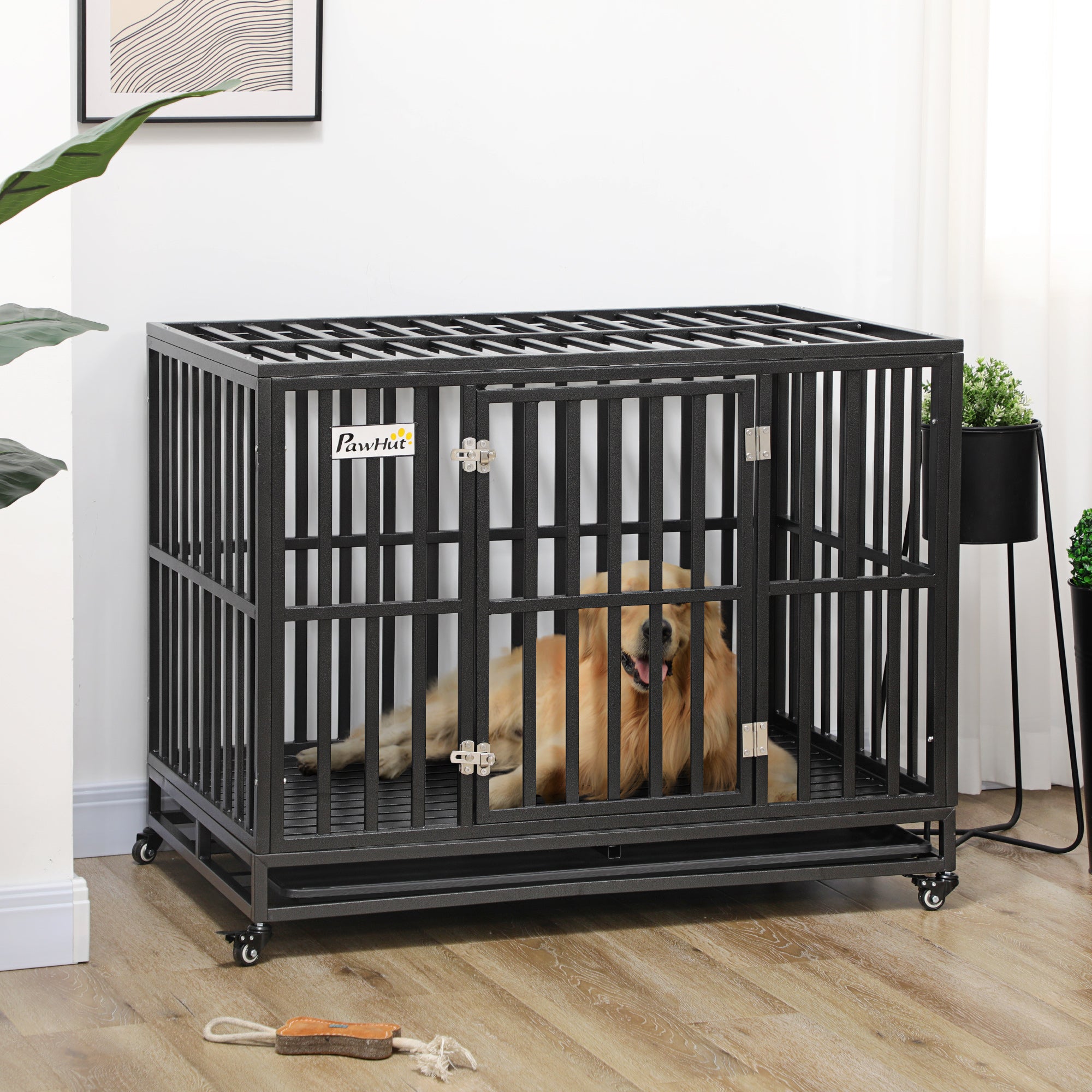 44'' Strong Pet Dog Crate Mobility Cage w/ Playpen Metal & Removeable Tray - Black - Image 2