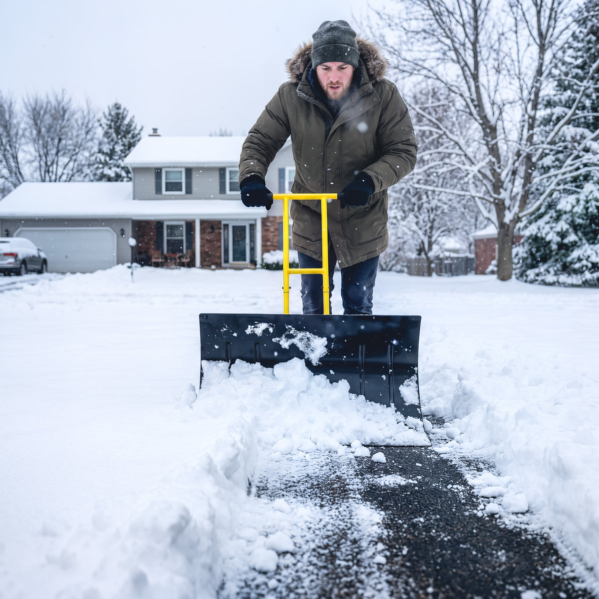 Snow Shovel with Wheels, 29" Metal Snow Pusher with Adjustable Handle, 7-Angle Blade, Wear Strip for Driveway, Yellow