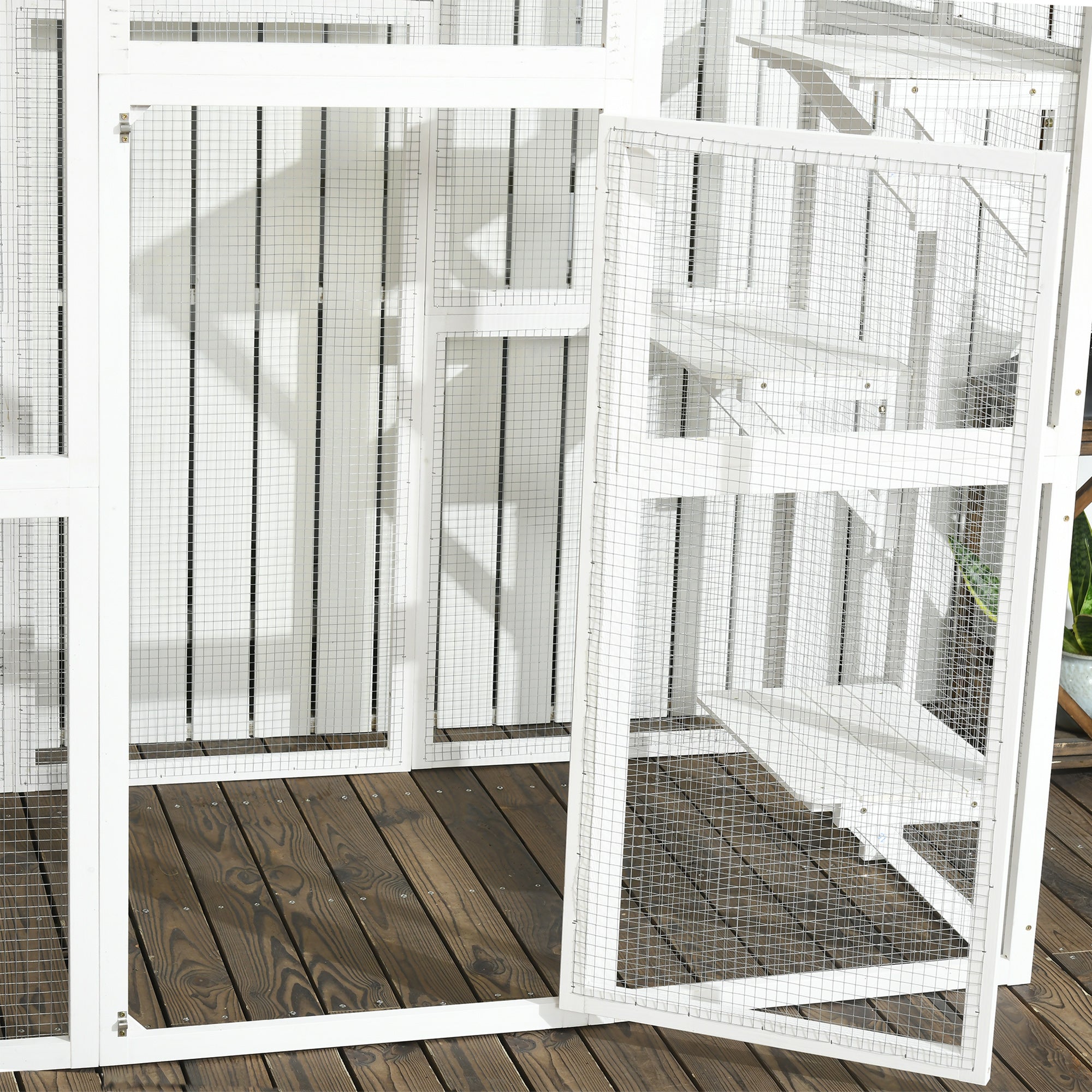 Outdoor Cat House Big Catio Wooden Feral Cat Shelter Enclosure with Large Spacious Interior, 6 High Ledges, Weather Protection Asphalt Roof, 71" L, White - White - Image 8