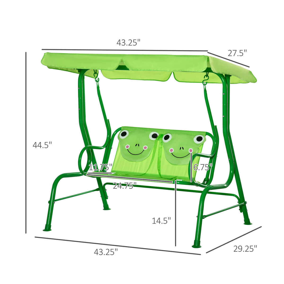 Kids Patio Swing, Adjustable Canopy Swing Glider, Kids Outdoor Swing Chair with 2 Seats, Seat-Belted Safety, Green